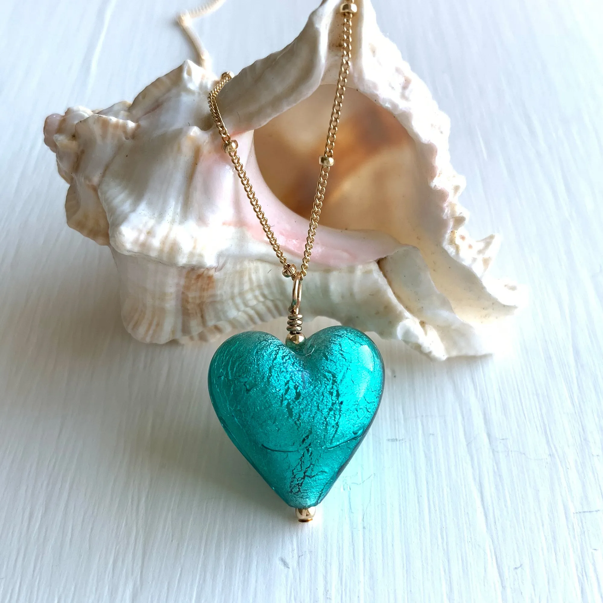 Necklace with teal (green, jade) Murano glass medium heart pendant on gold chain