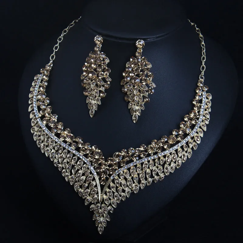 New Crystal Statement Necklace Earrings Set Fashion Women Rhinestone Choker Jewelry Sets