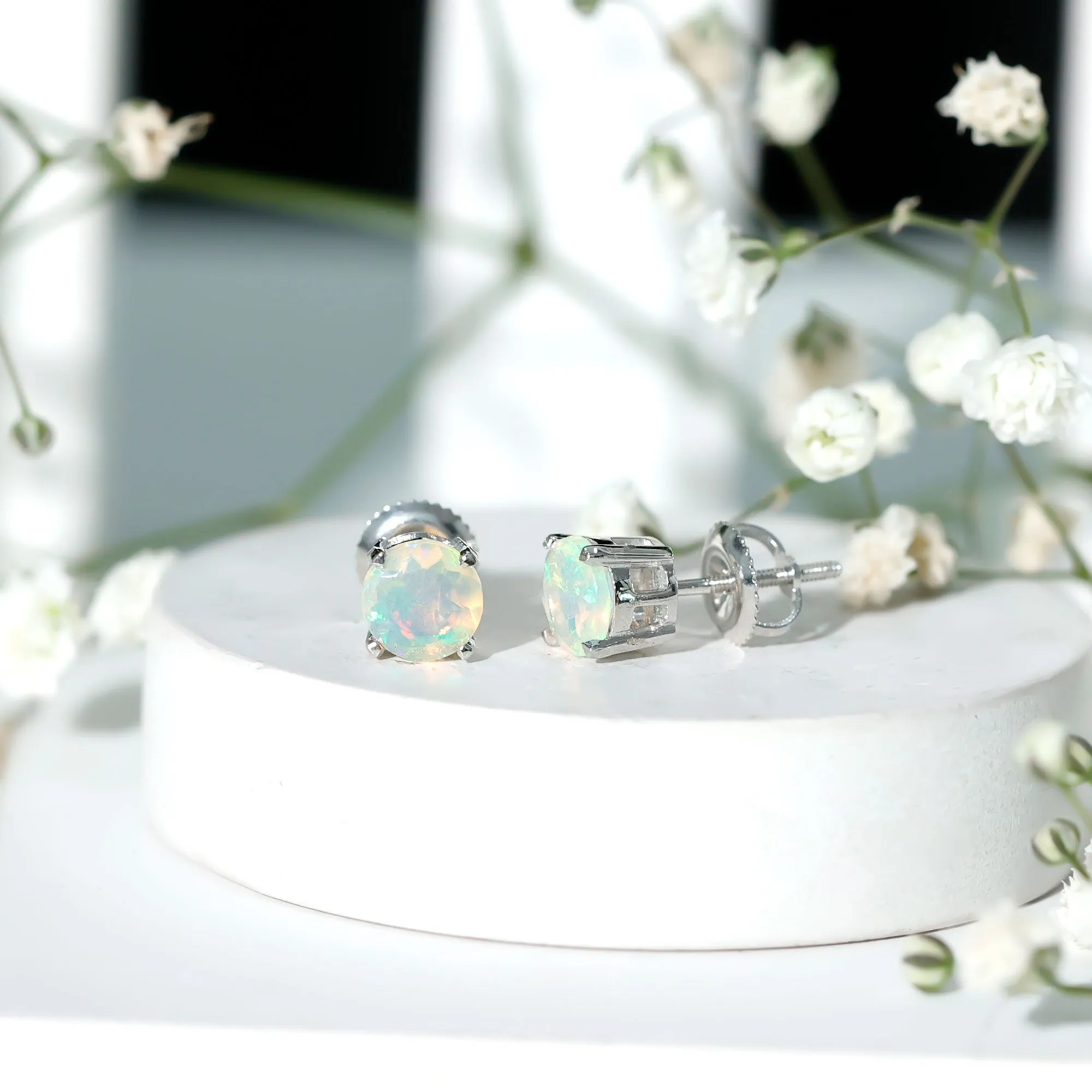 October Birthstone Ethiopian Opal Solitaire Stud Earring in Silver