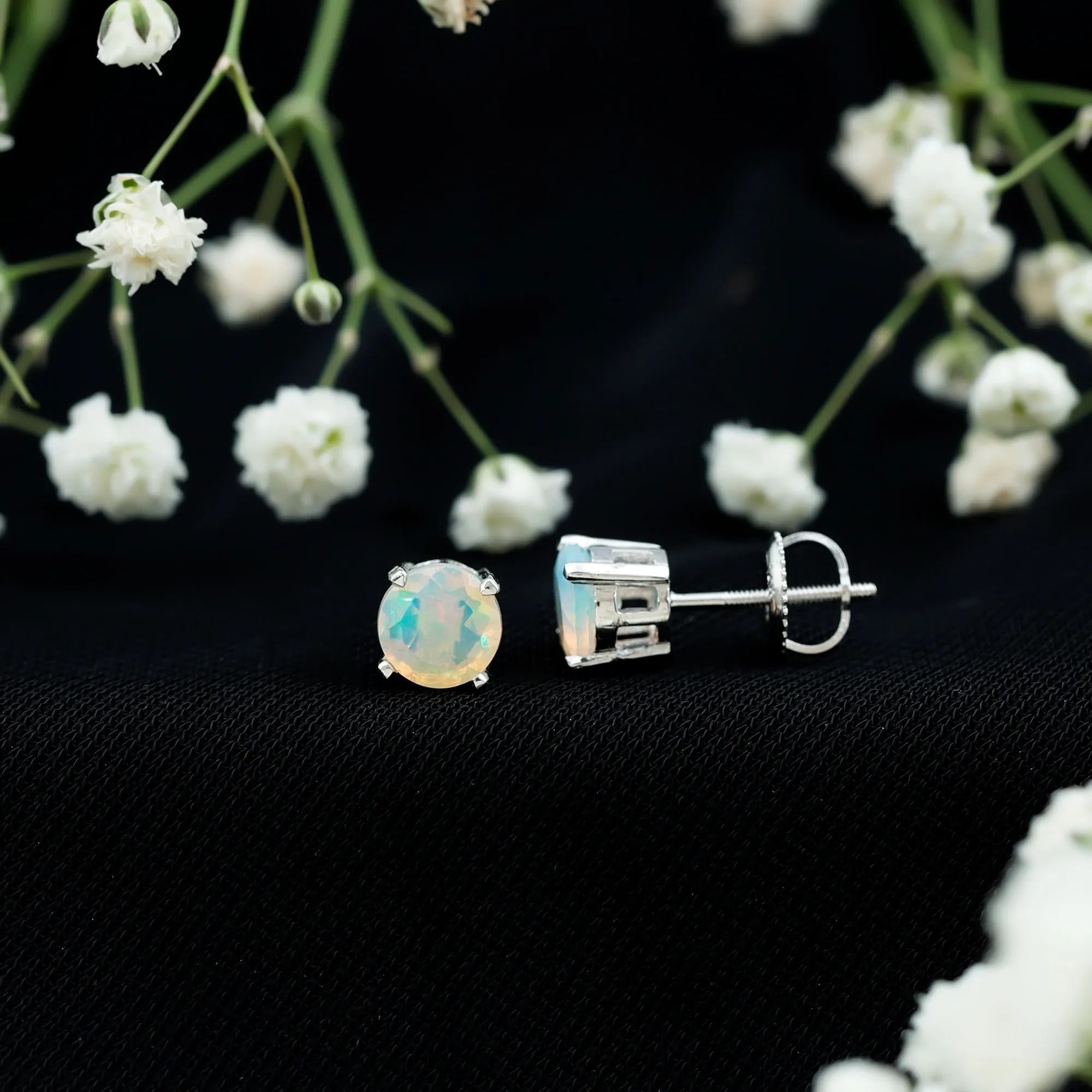 October Birthstone Ethiopian Opal Solitaire Stud Earring in Silver