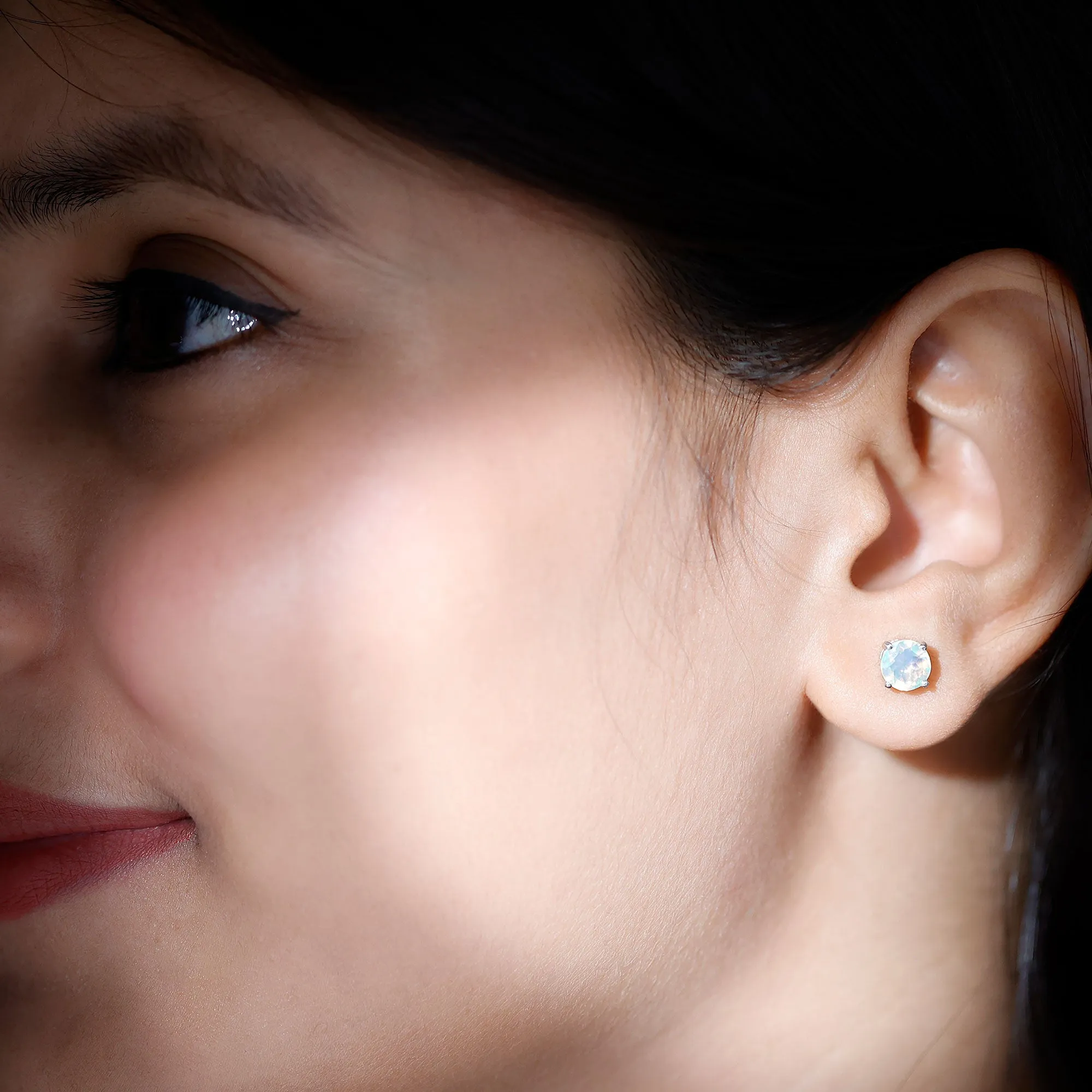 October Birthstone Ethiopian Opal Solitaire Stud Earring in Silver