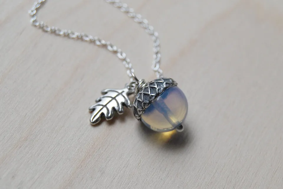 Opal & Silver Acorn Necklace | Nature Jewelry | Opalite Gemstone Acorn | Fall Acorn Charm Necklace