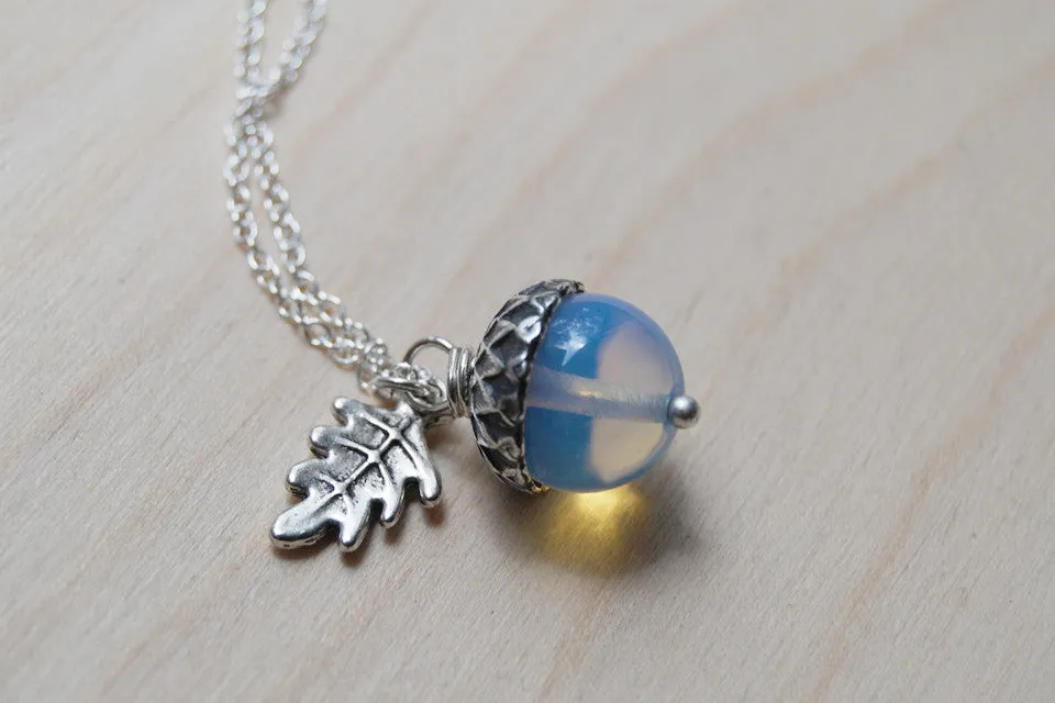 Opal & Silver Acorn Necklace | Nature Jewelry | Opalite Gemstone Acorn | Fall Acorn Charm Necklace