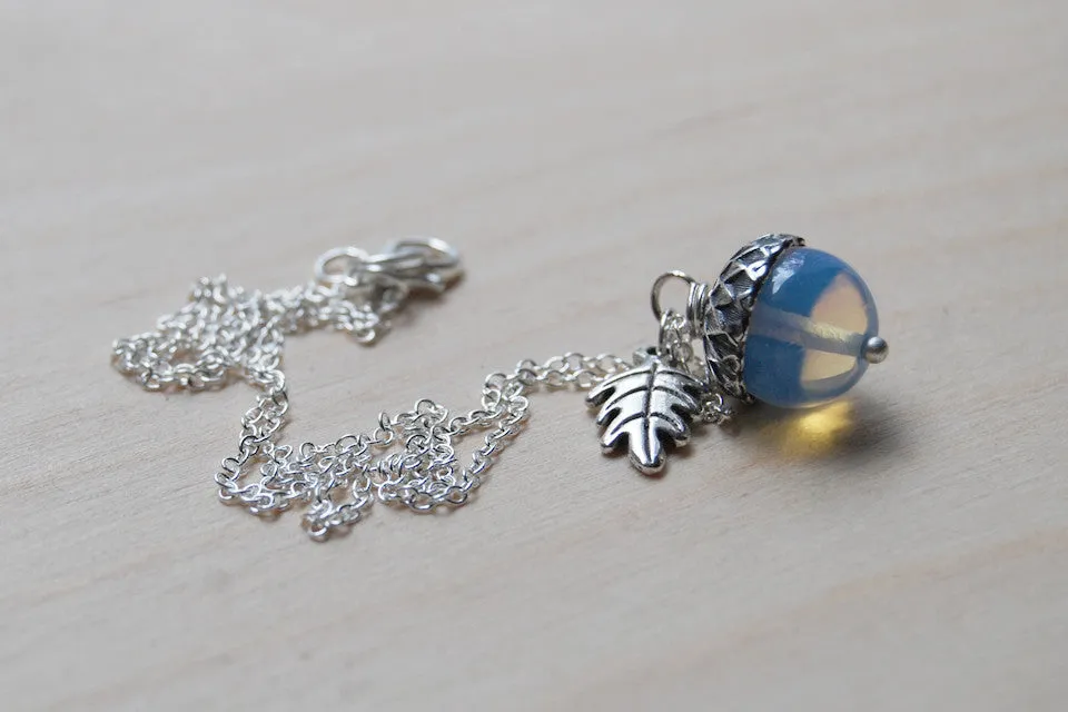 Opal & Silver Acorn Necklace | Nature Jewelry | Opalite Gemstone Acorn | Fall Acorn Charm Necklace