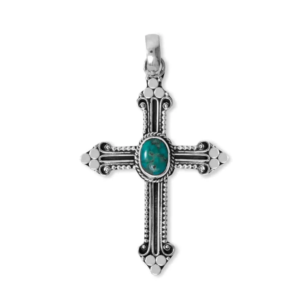 Ornate Sterling Silver Turquoise Cross Pendant