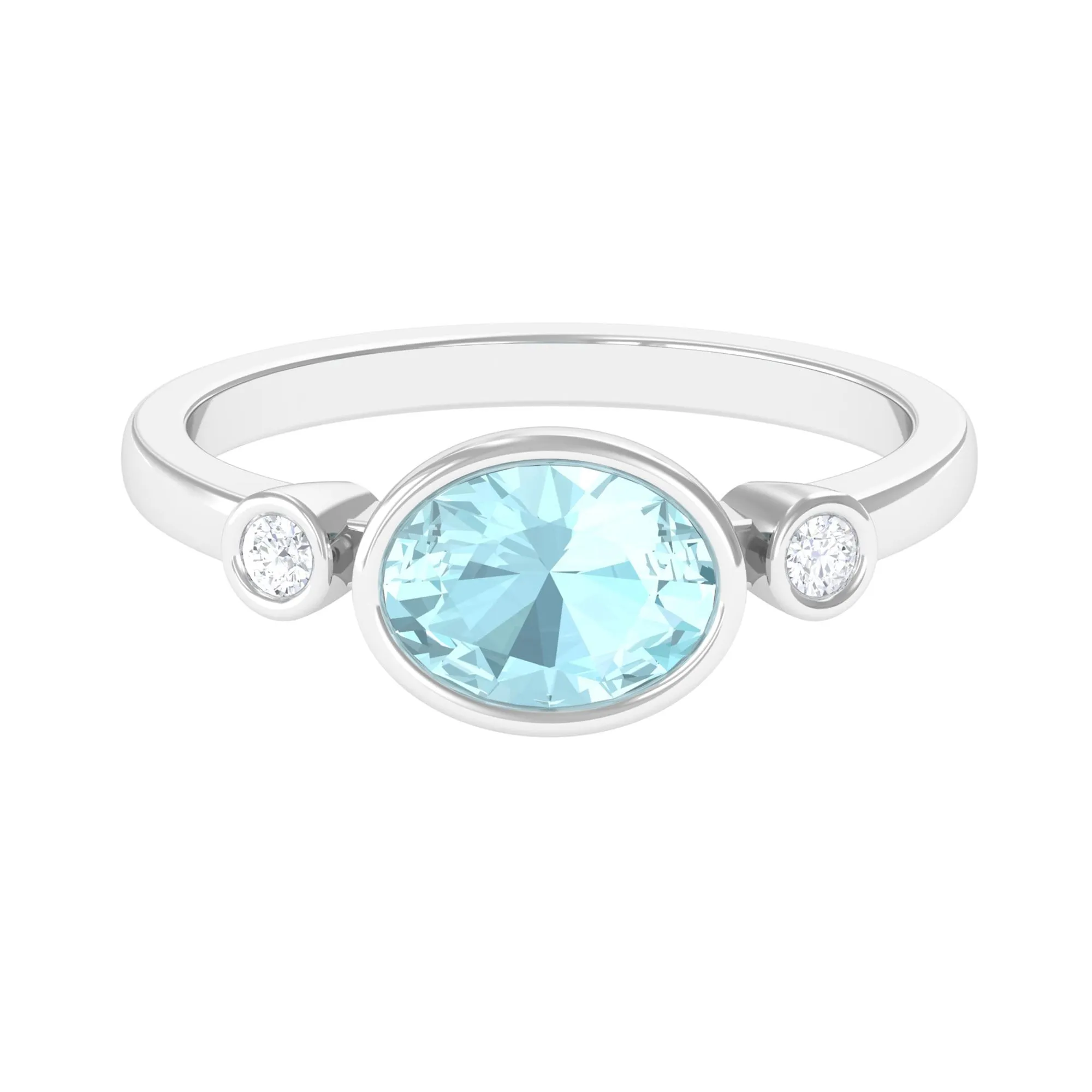 Oval Cut Solitaire Sky Blue Topaz East West Ring with Diamond