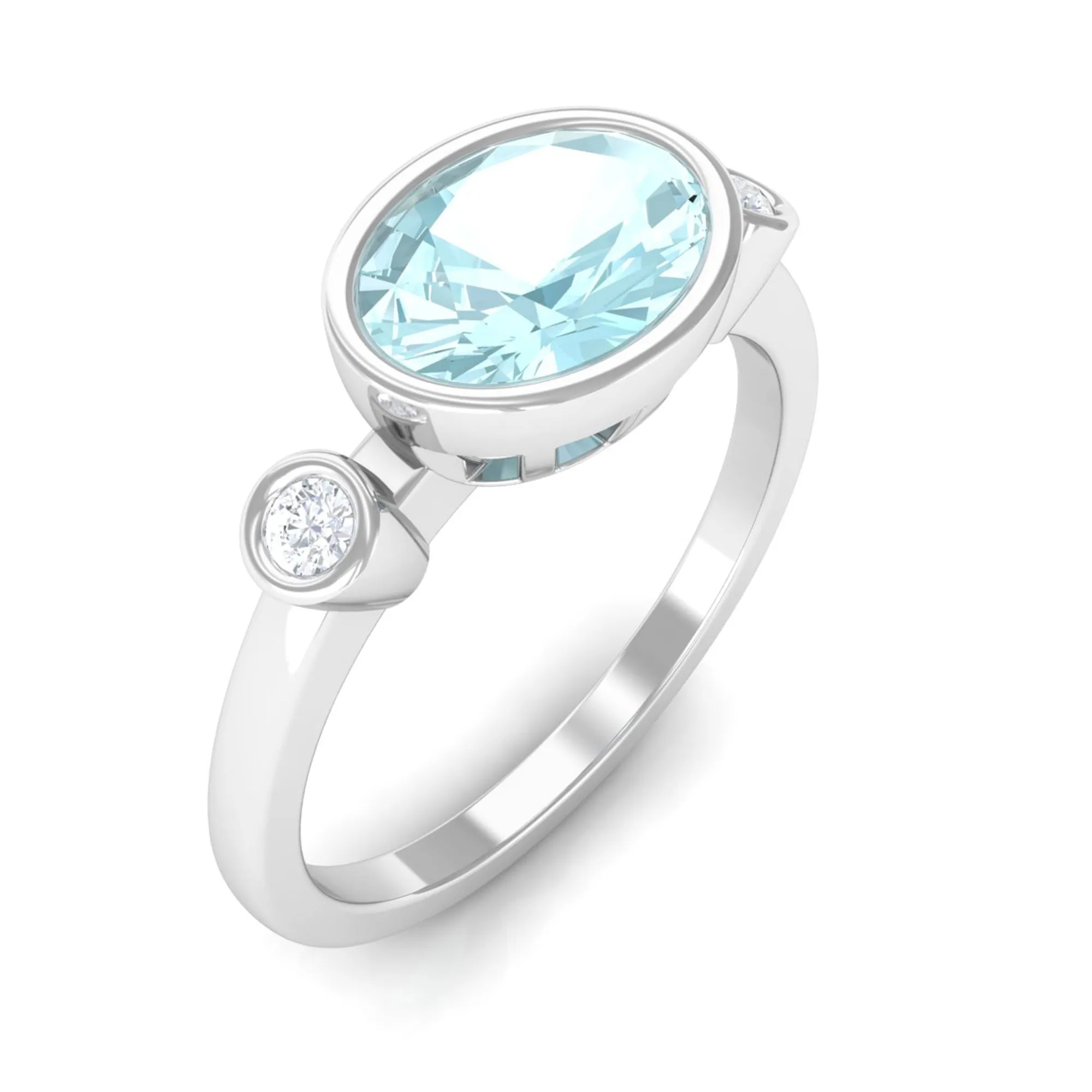 Oval Cut Solitaire Sky Blue Topaz East West Ring with Diamond