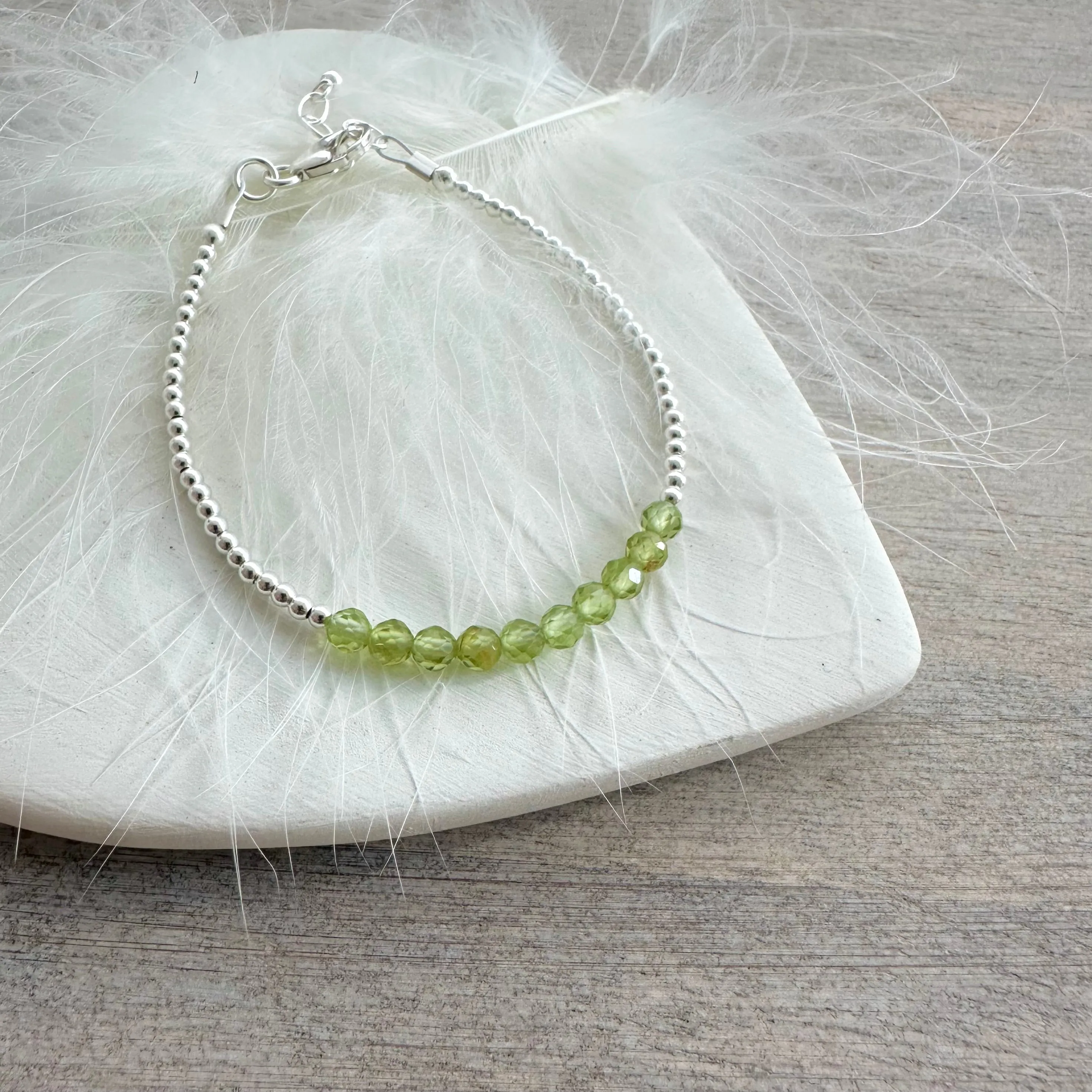 Peridot August Birthstone Bracelet, dainty stacking bracelet in sterling silver