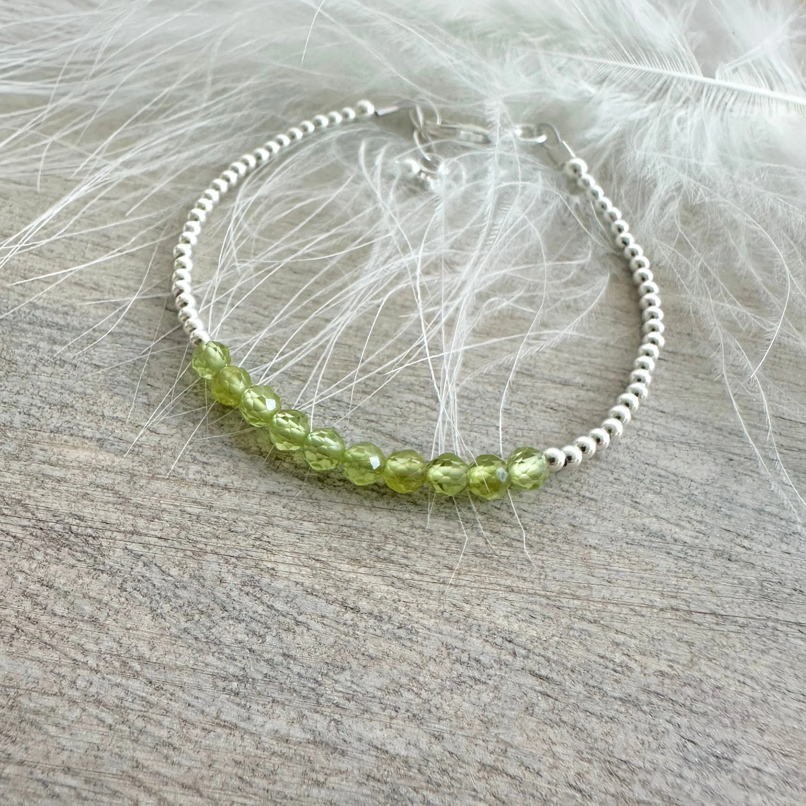 Peridot August Birthstone Bracelet, dainty stacking bracelet in sterling silver