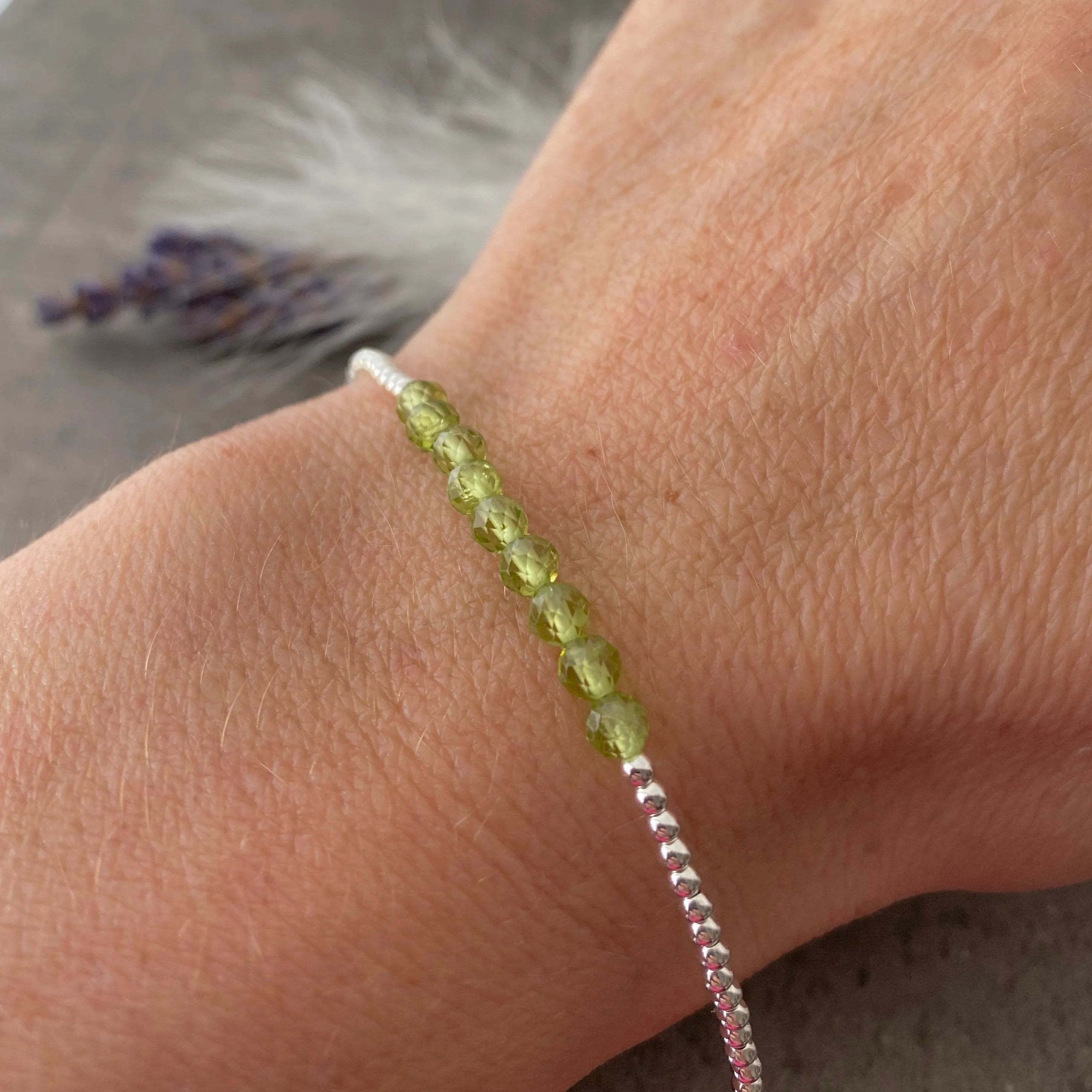 Peridot August Birthstone Bracelet, dainty stacking bracelet in sterling silver