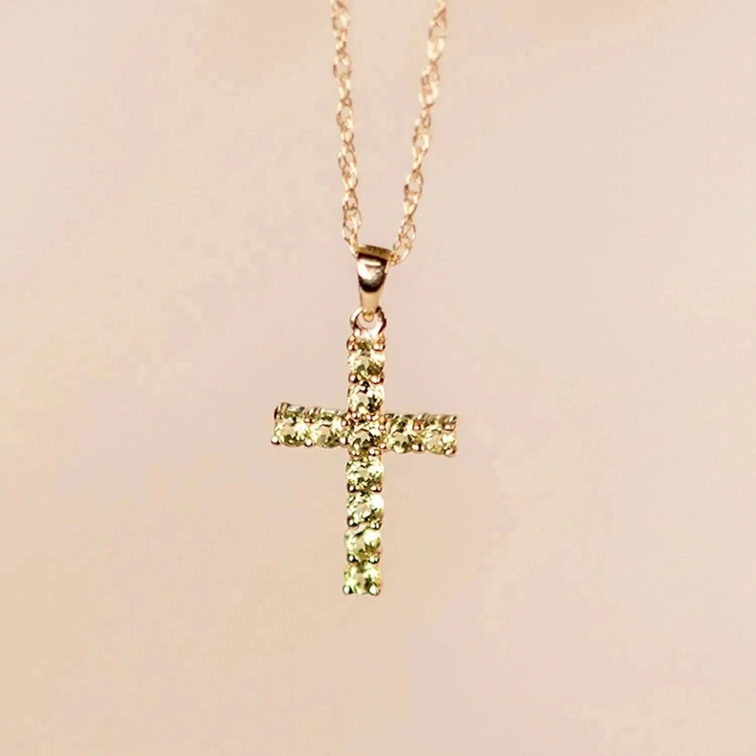 Peridot Cross Necklace in Solid Gold