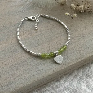 Personalised August Birthstone Bracelet, Dainty Peridot Bracelet in Sterling Silver