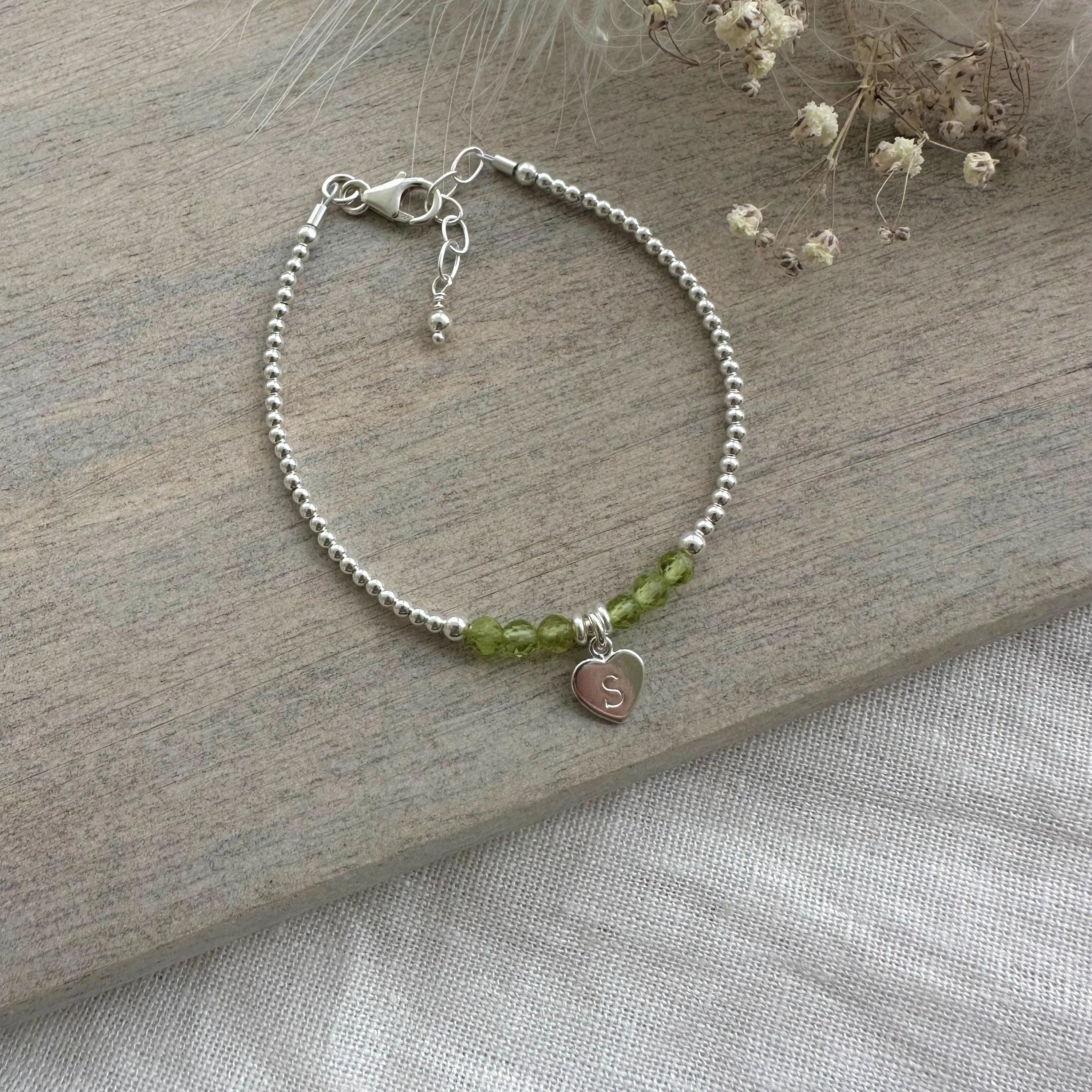 Personalised August Birthstone Bracelet, Dainty Peridot Bracelet in Sterling Silver
