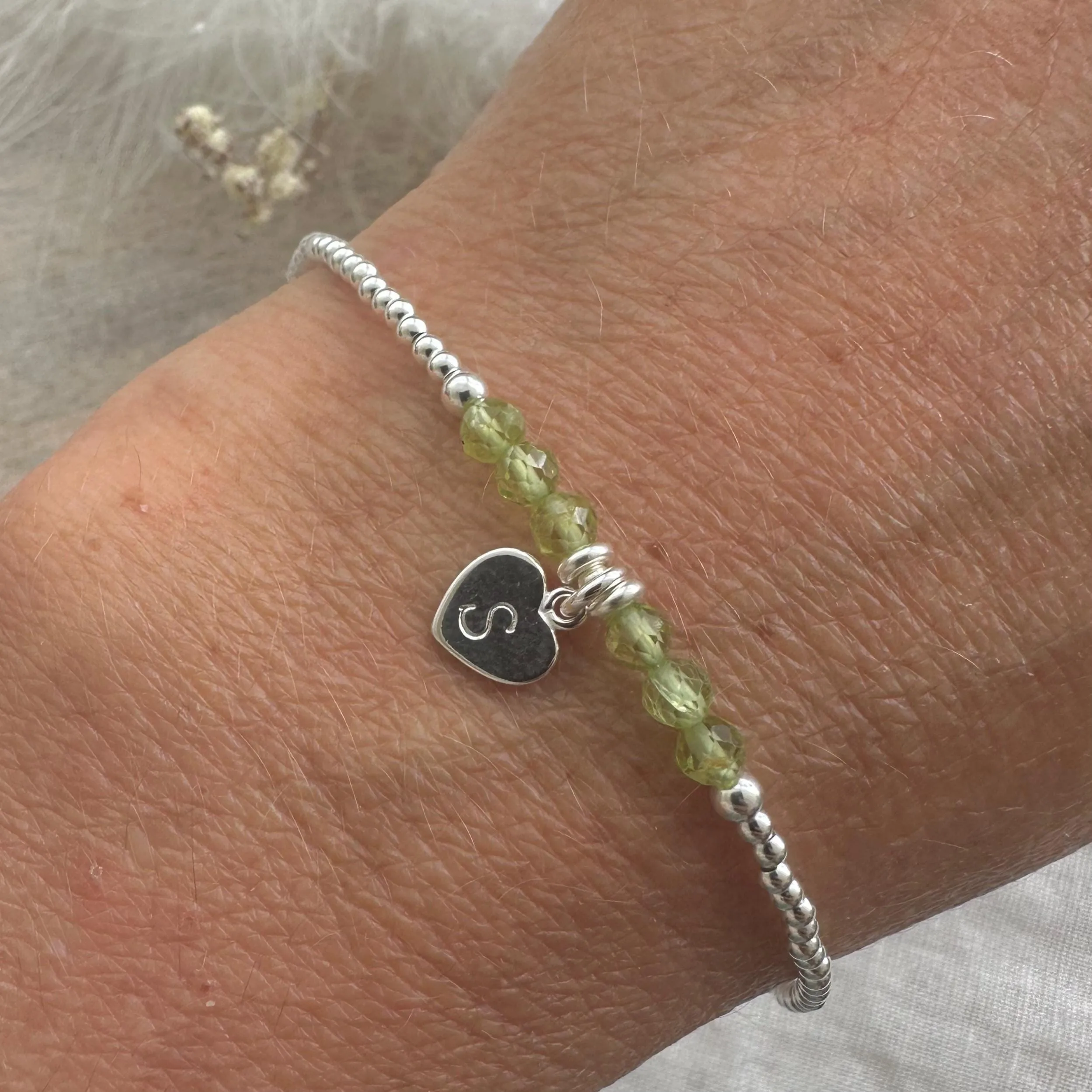 Personalised August Birthstone Bracelet, Dainty Peridot Bracelet in Sterling Silver