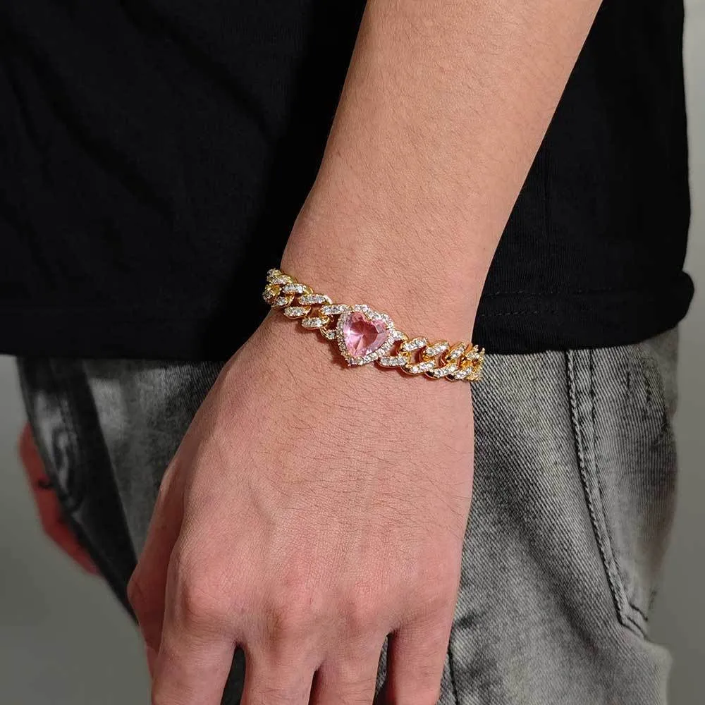 Pink Heart Cuban Link Bracelet - 10mm