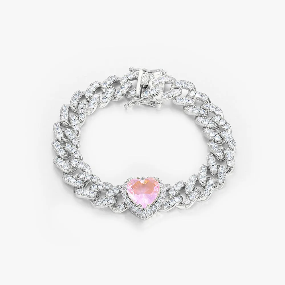 Pink Heart Cuban Link Bracelet - 10mm