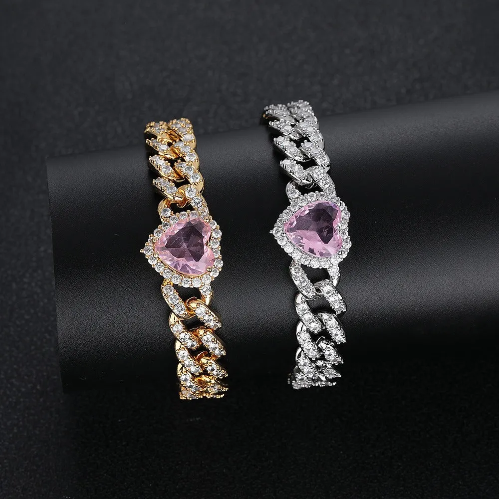 Pink Heart Cuban Link Bracelet - 10mm