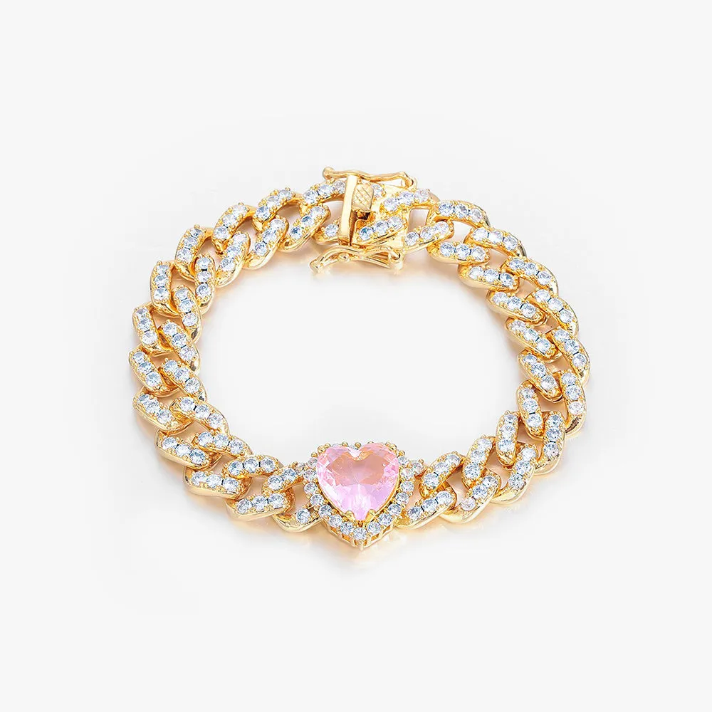 Pink Heart Cuban Link Bracelet - 10mm
