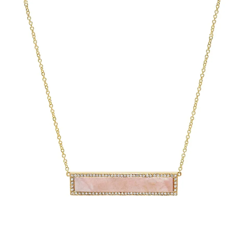 Pink Opal Inlay Bar Necklace with Diamonds