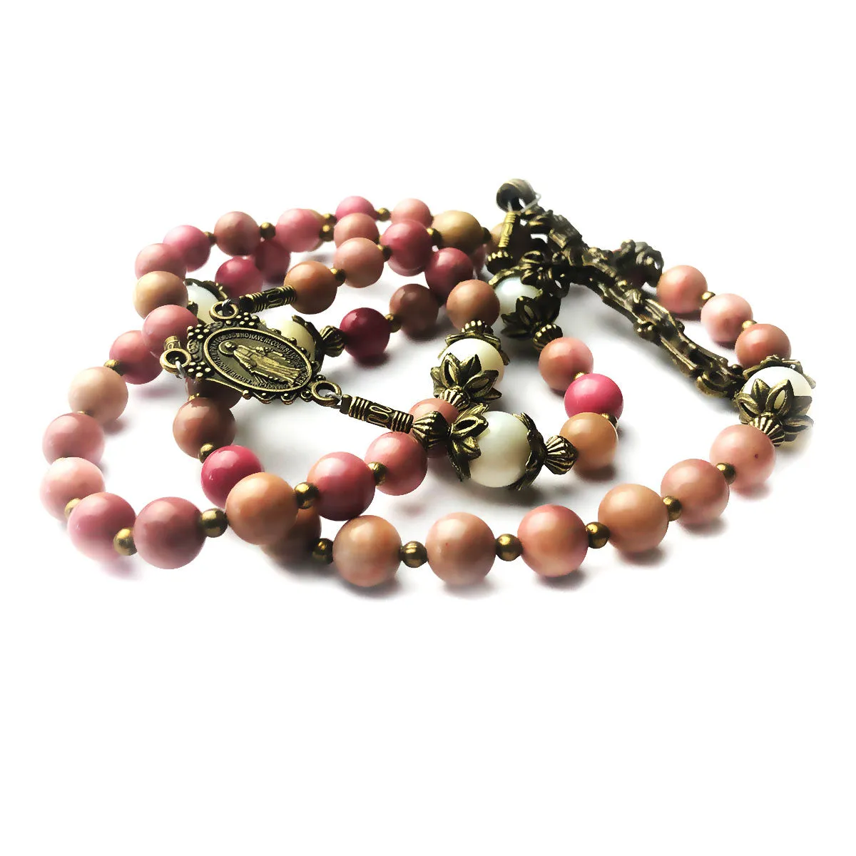 Pink Rhodonite and Mother of Pearl Stone Rosary With Miraculous Medal by Catholic Heirlooms - Confirmation - Holy Communion Gift - Rosary Necklace