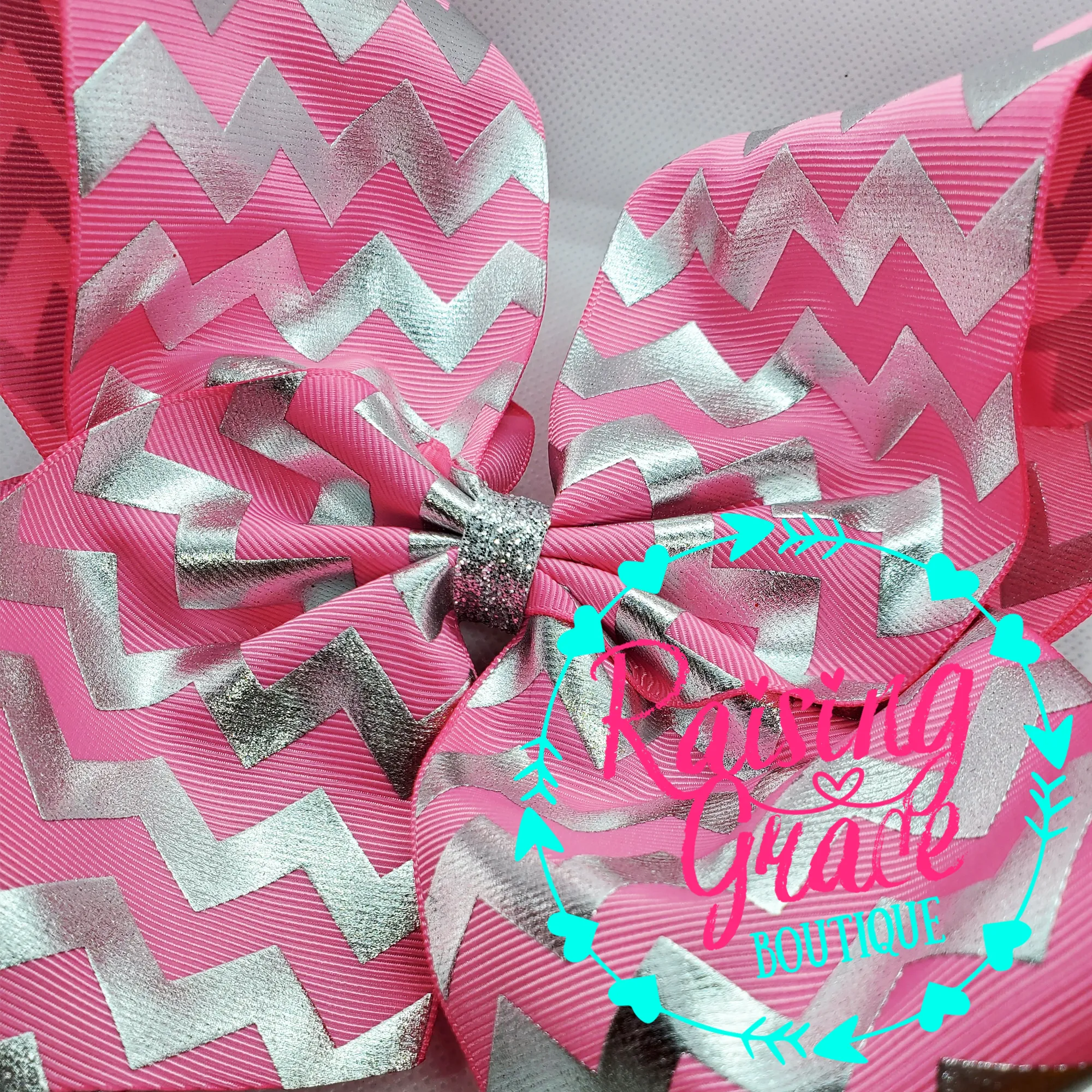 Pink with Silver Chevron Stripes Hair Bow