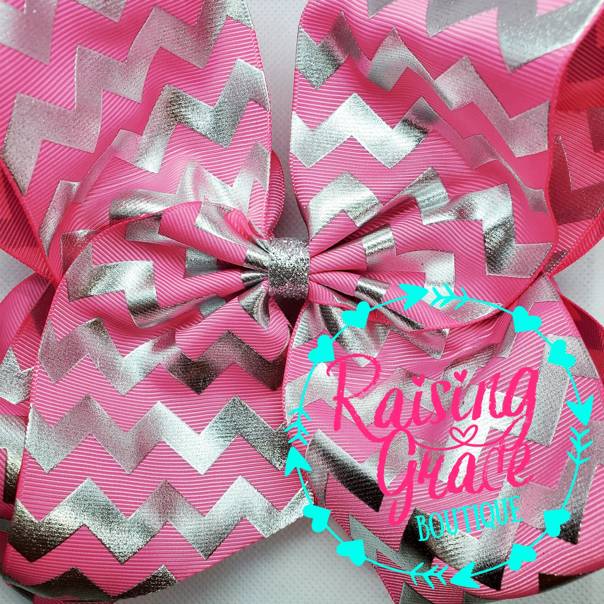 Pink with Silver Chevron Stripes Hair Bow