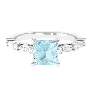 Princess Cut Sky Blue Topaz Solitaire Engagement Ring with Moissanite