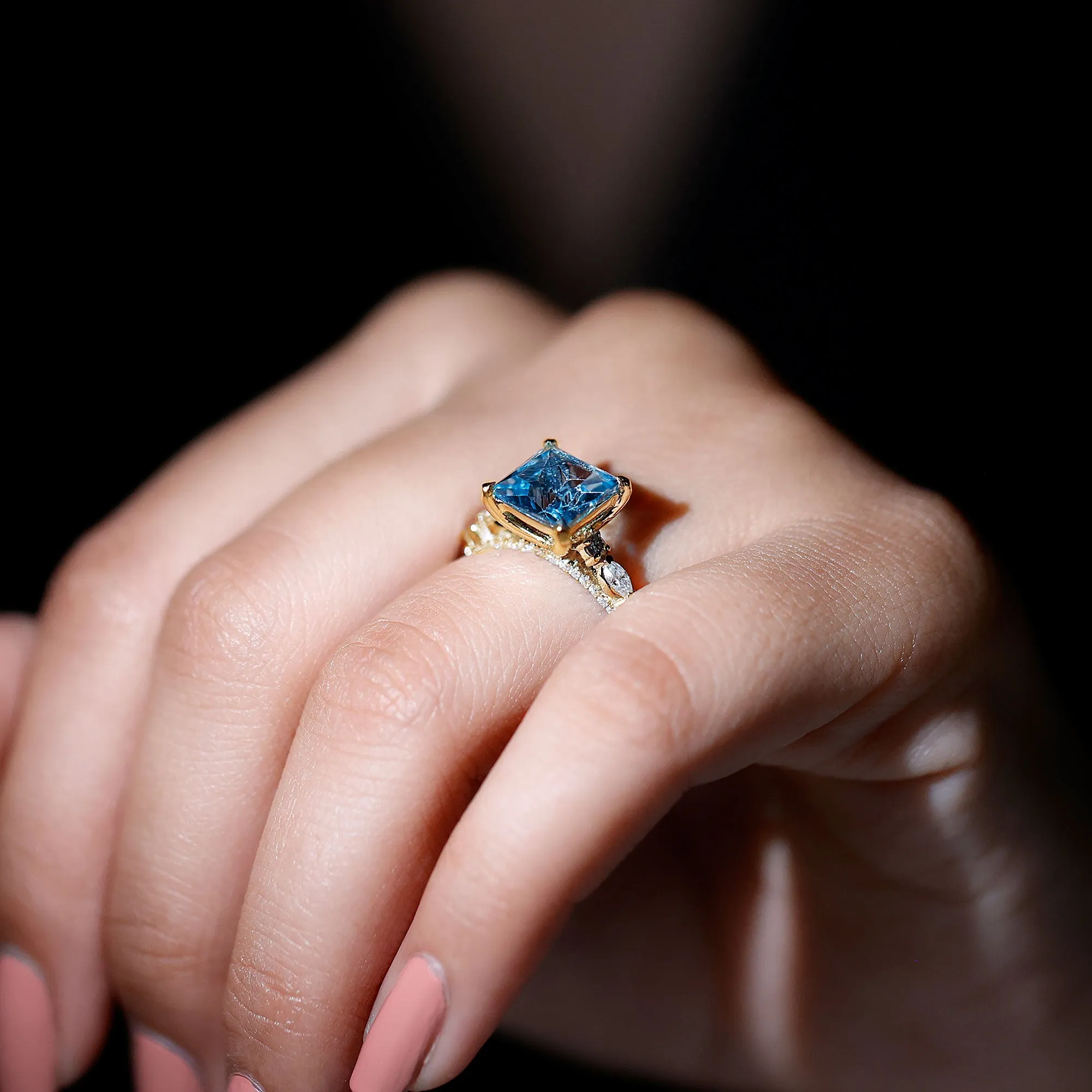 Princess Cut Sky Blue Topaz Solitaire Engagement Ring with Moissanite