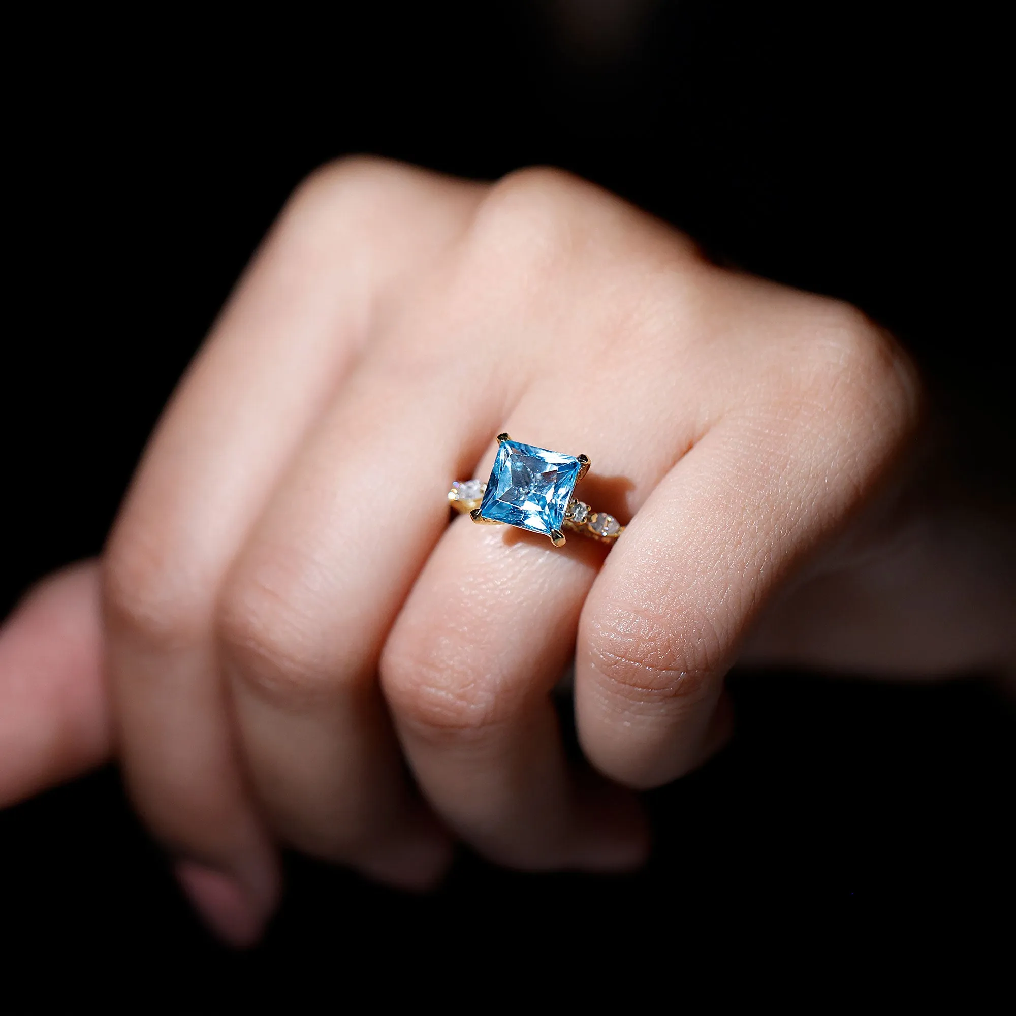 Princess Cut Sky Blue Topaz Solitaire Engagement Ring with Moissanite