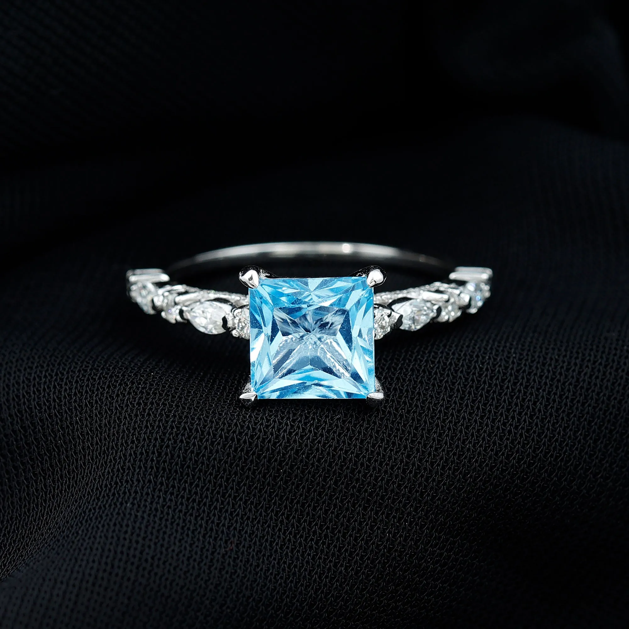 Princess Cut Sky Blue Topaz Solitaire Engagement Ring with Moissanite
