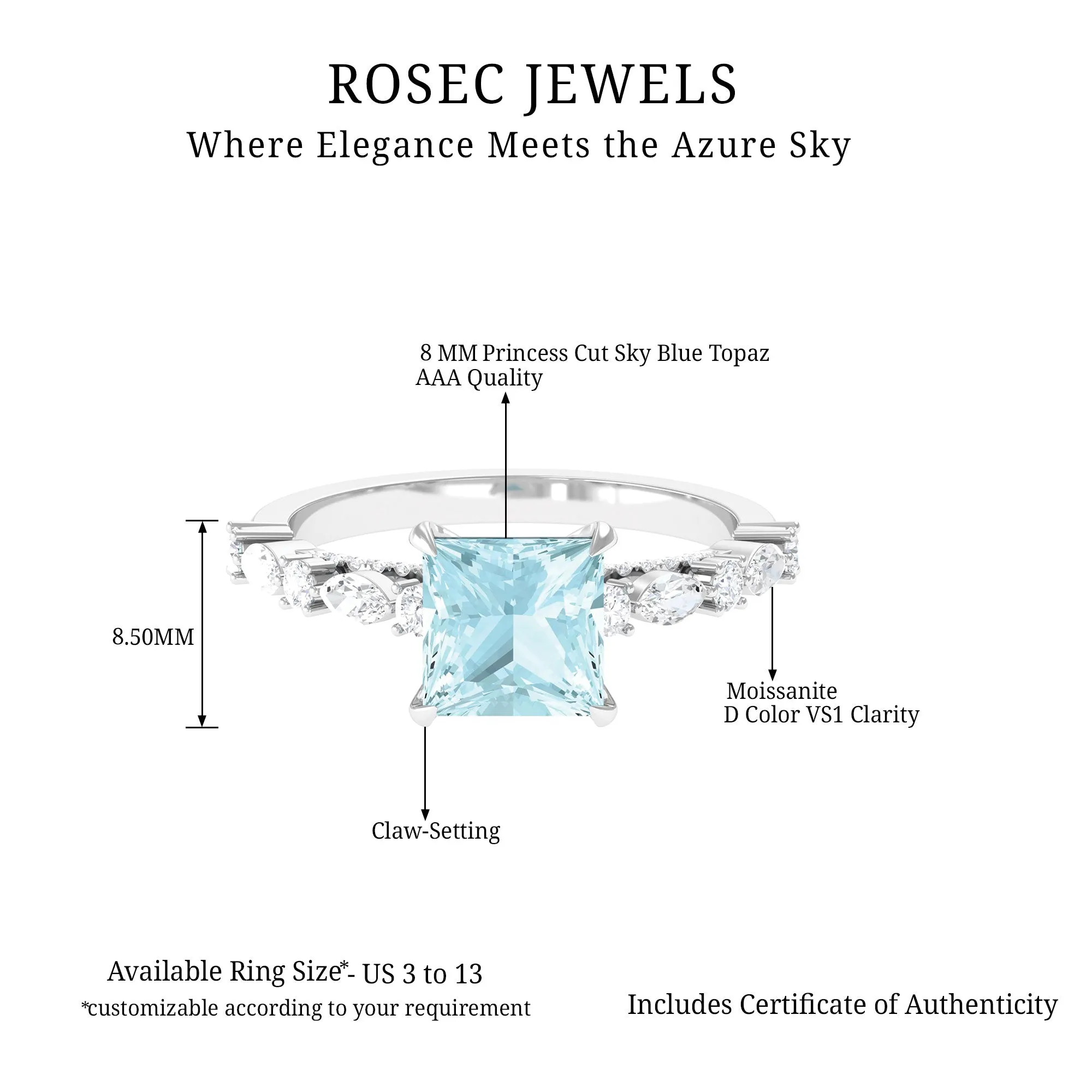 Princess Cut Sky Blue Topaz Solitaire Engagement Ring with Moissanite