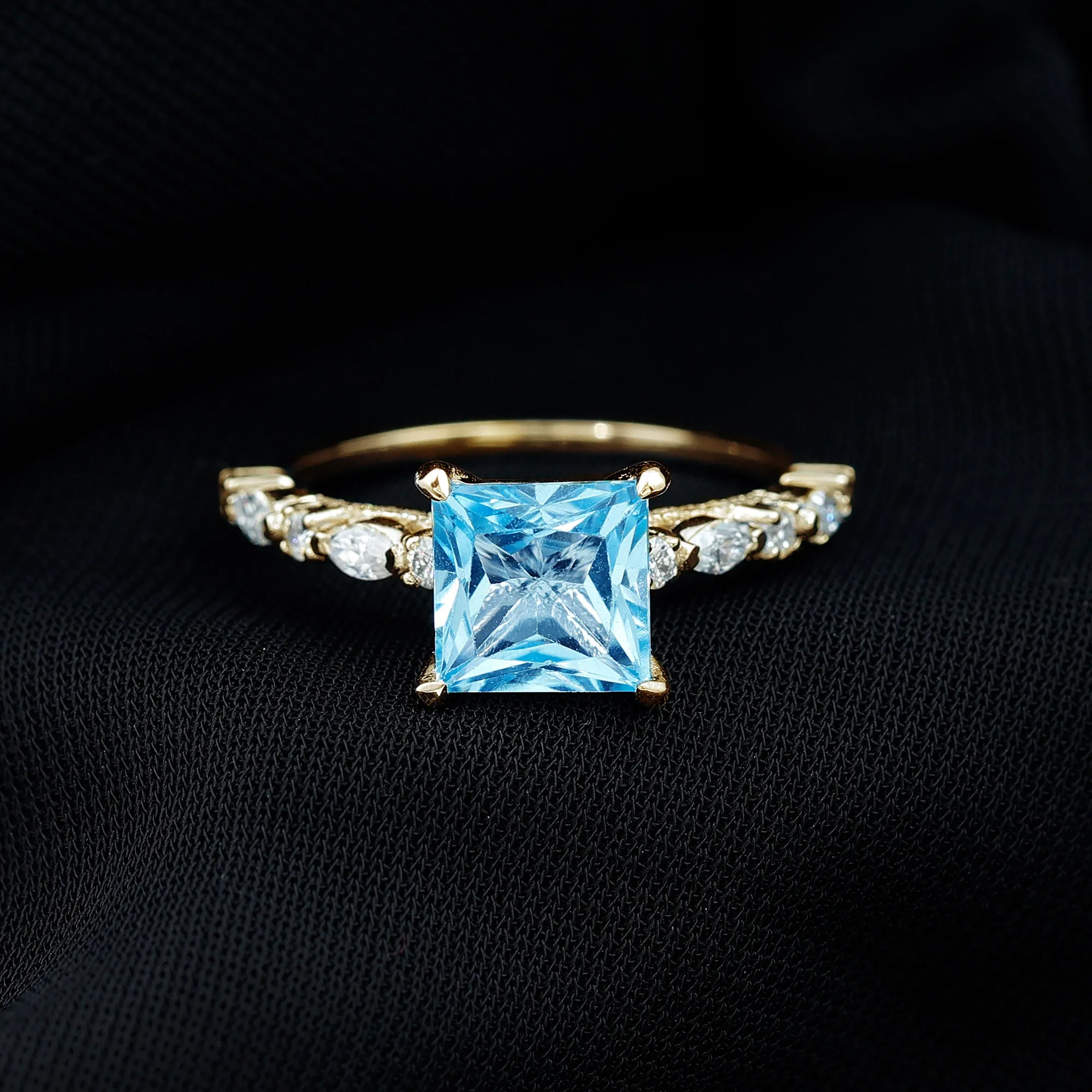 Princess Cut Sky Blue Topaz Solitaire Engagement Ring with Moissanite
