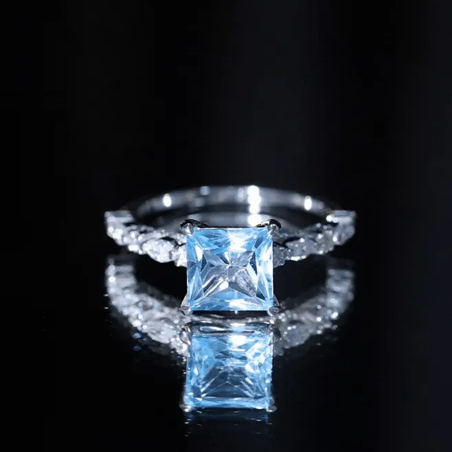 Princess Cut Sky Blue Topaz Solitaire Engagement Ring with Moissanite