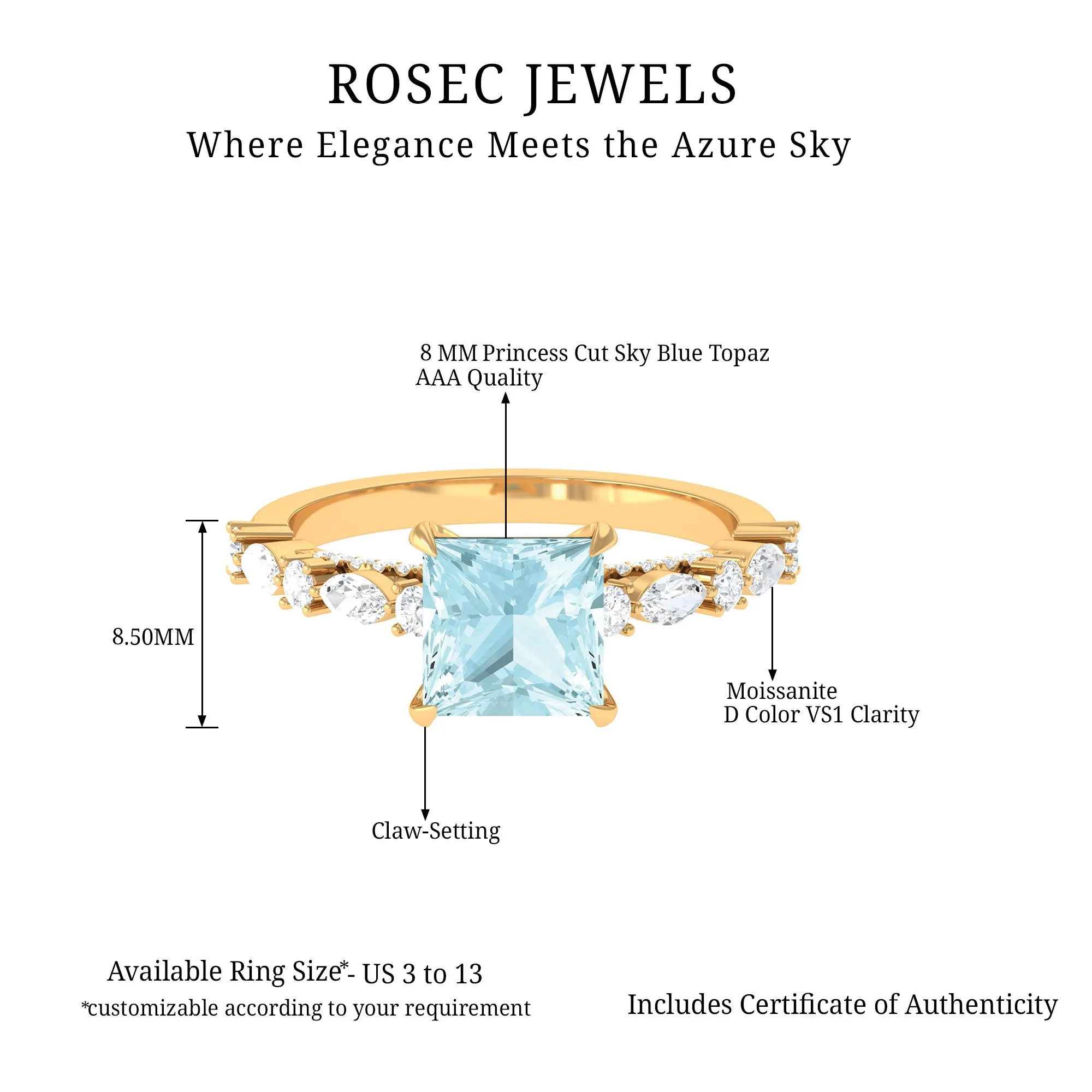 Princess Cut Sky Blue Topaz Solitaire Engagement Ring with Moissanite