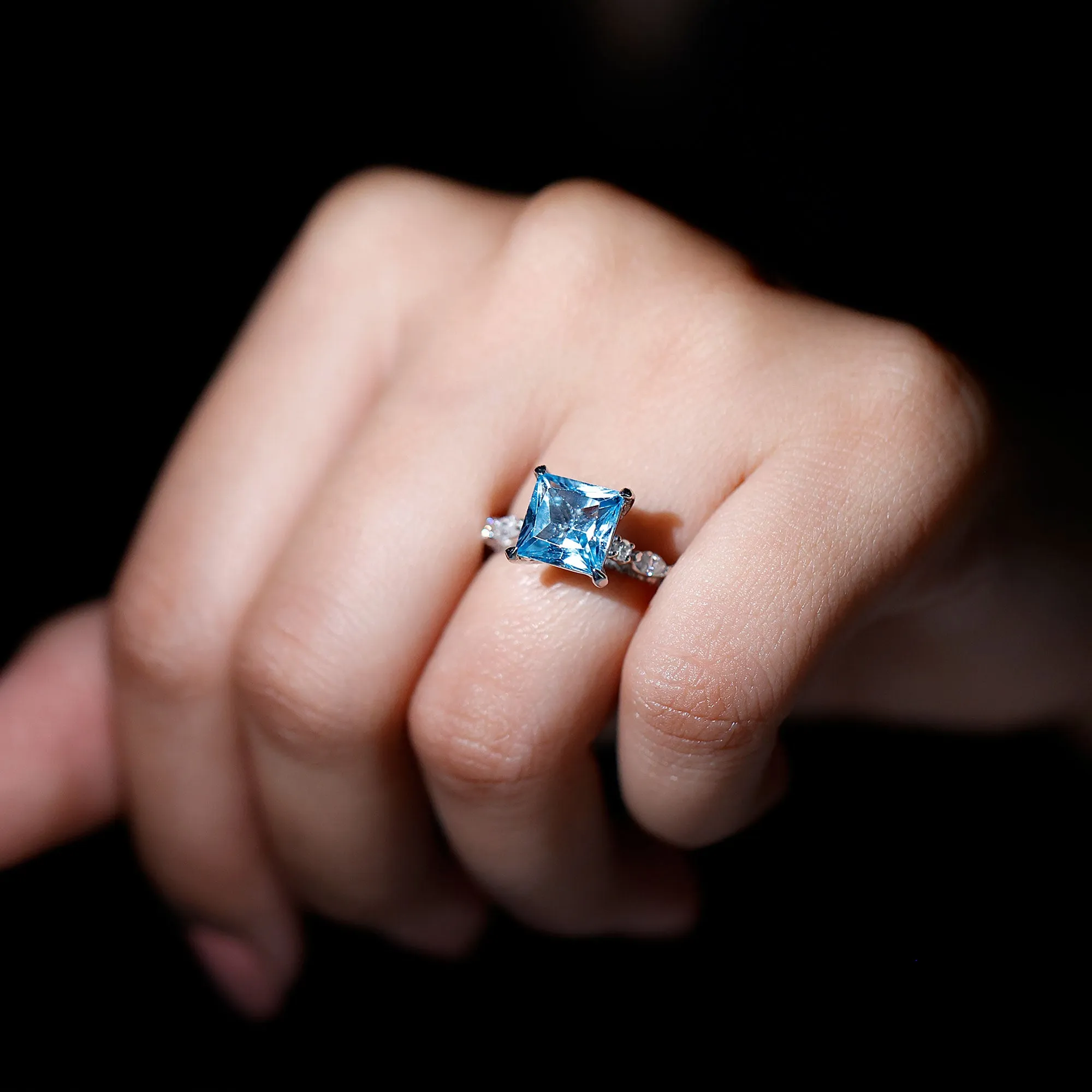 Princess Cut Sky Blue Topaz Solitaire Engagement Ring with Moissanite