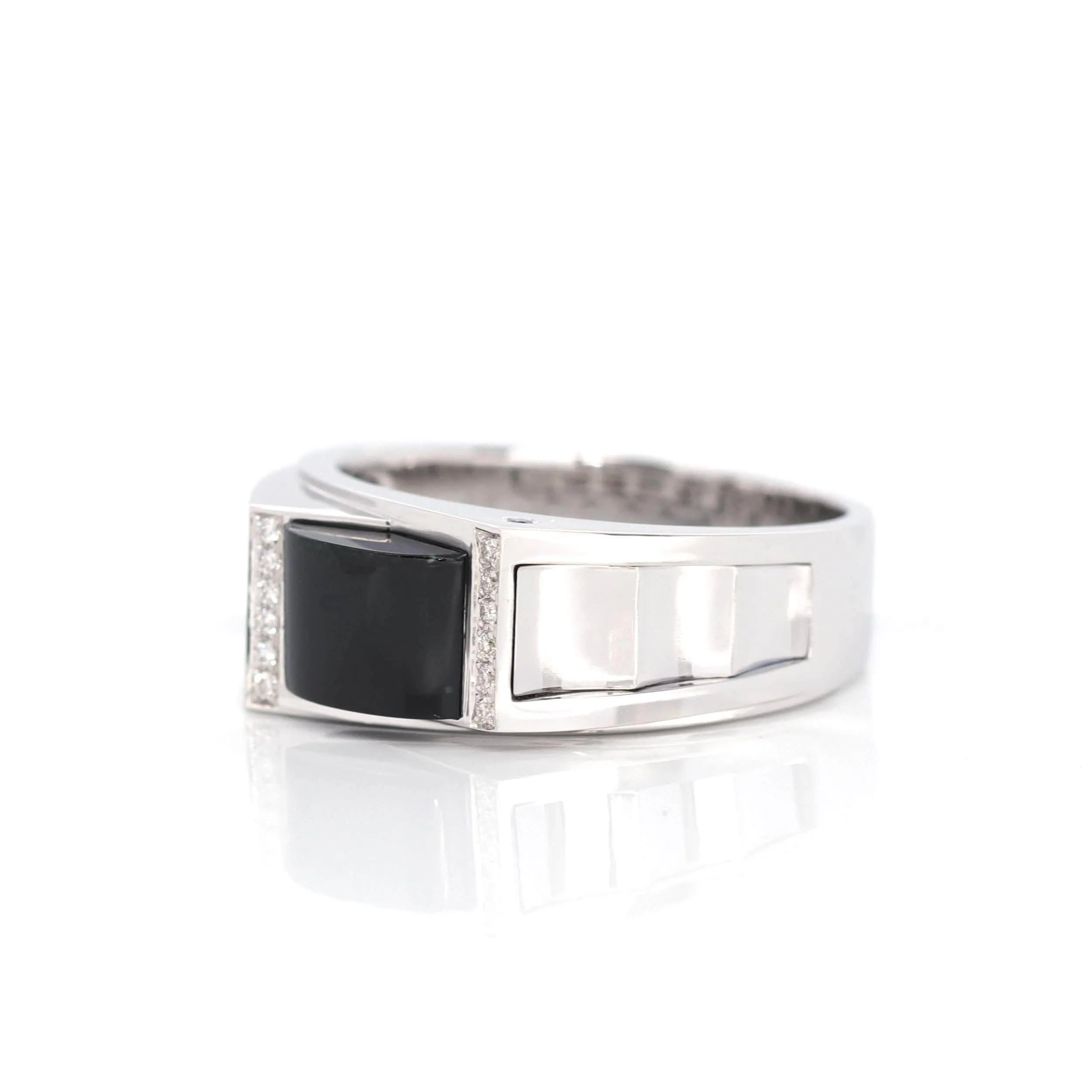 "Emerald Cabochon" 18k White Gold, Genuine Burmese Black Jadeite Jade, Emerald Cut Ring