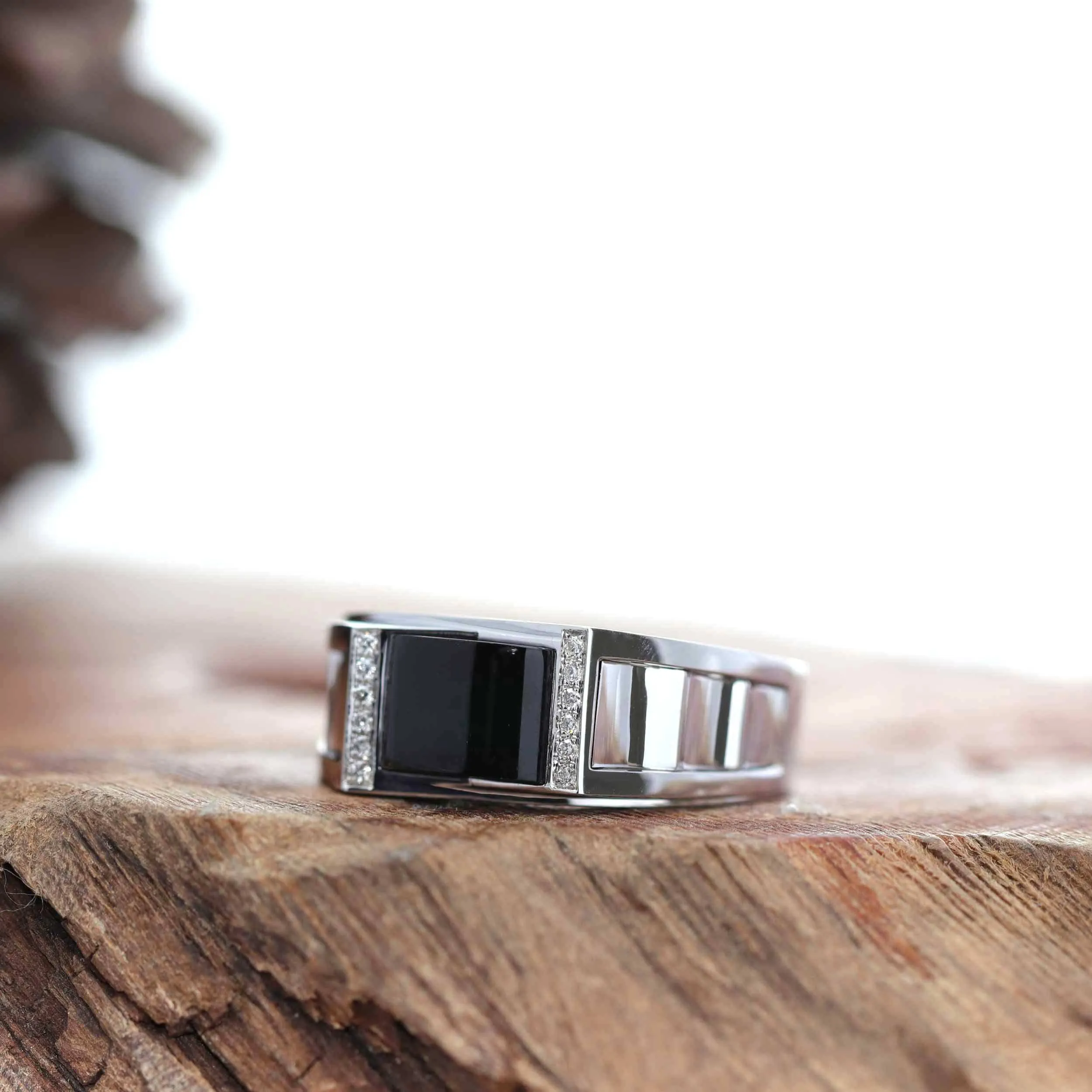 "Emerald Cabochon" 18k White Gold, Genuine Burmese Black Jadeite Jade, Emerald Cut Ring