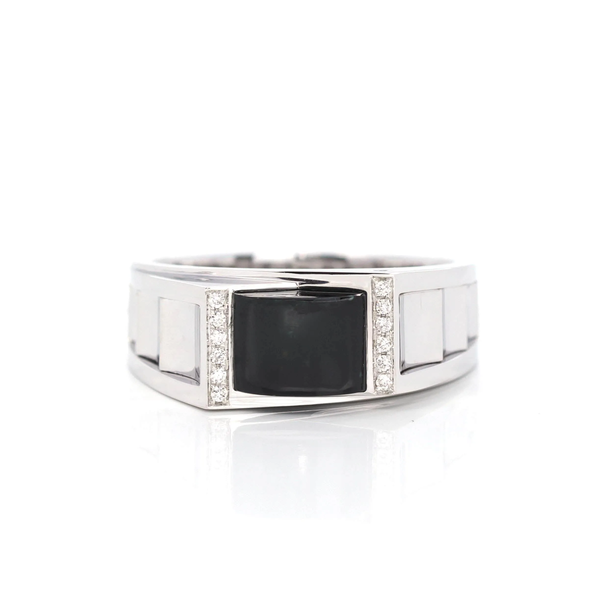 "Emerald Cabochon" 18k White Gold, Genuine Burmese Black Jadeite Jade, Emerald Cut Ring