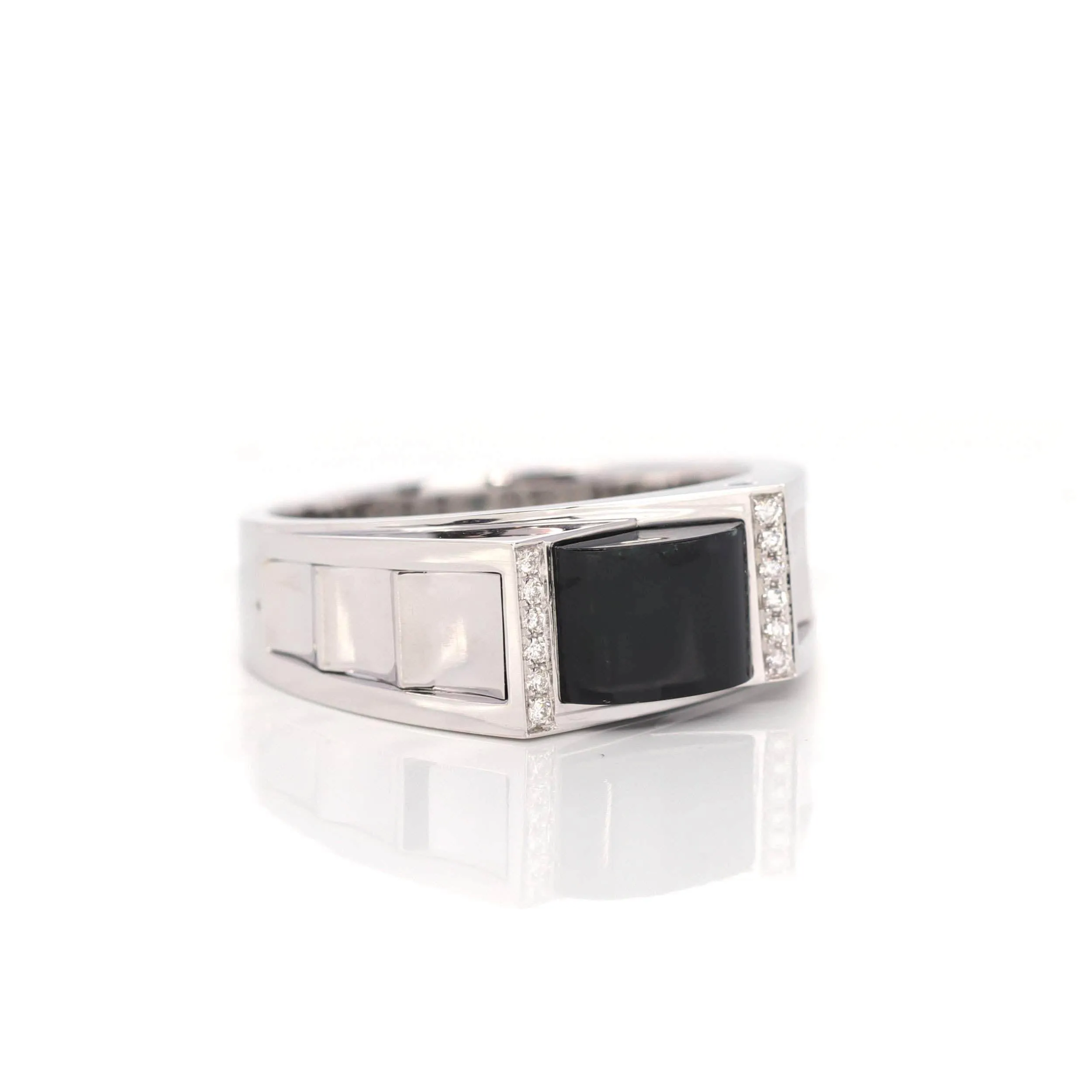 "Emerald Cabochon" 18k White Gold, Genuine Burmese Black Jadeite Jade, Emerald Cut Ring