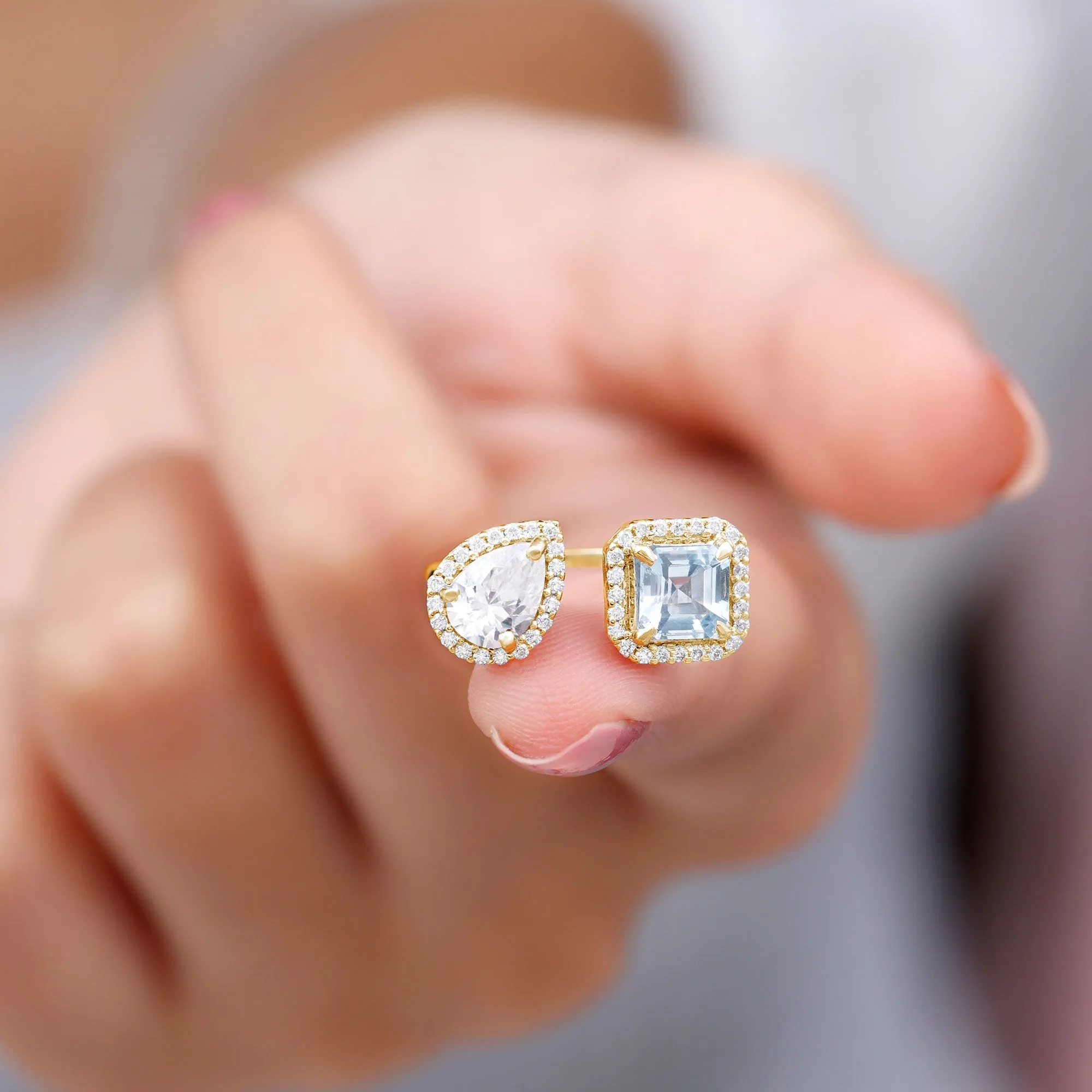 Real Sky Blue Topaz Cuff Ring With Moissanite