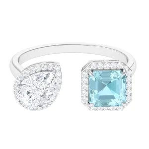 Real Sky Blue Topaz Cuff Ring With Moissanite