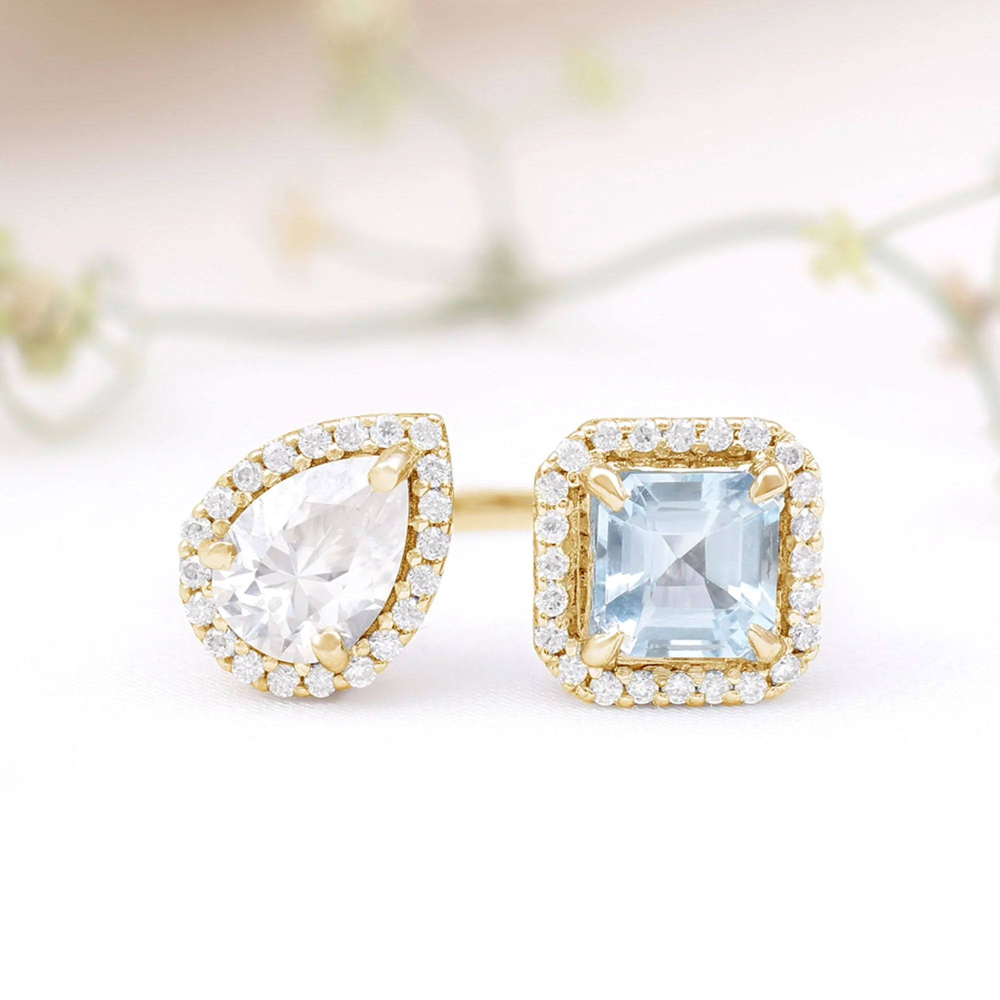 Real Sky Blue Topaz Cuff Ring With Moissanite