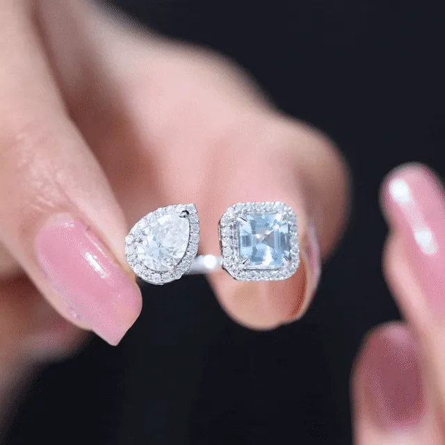 Real Sky Blue Topaz Cuff Ring With Moissanite