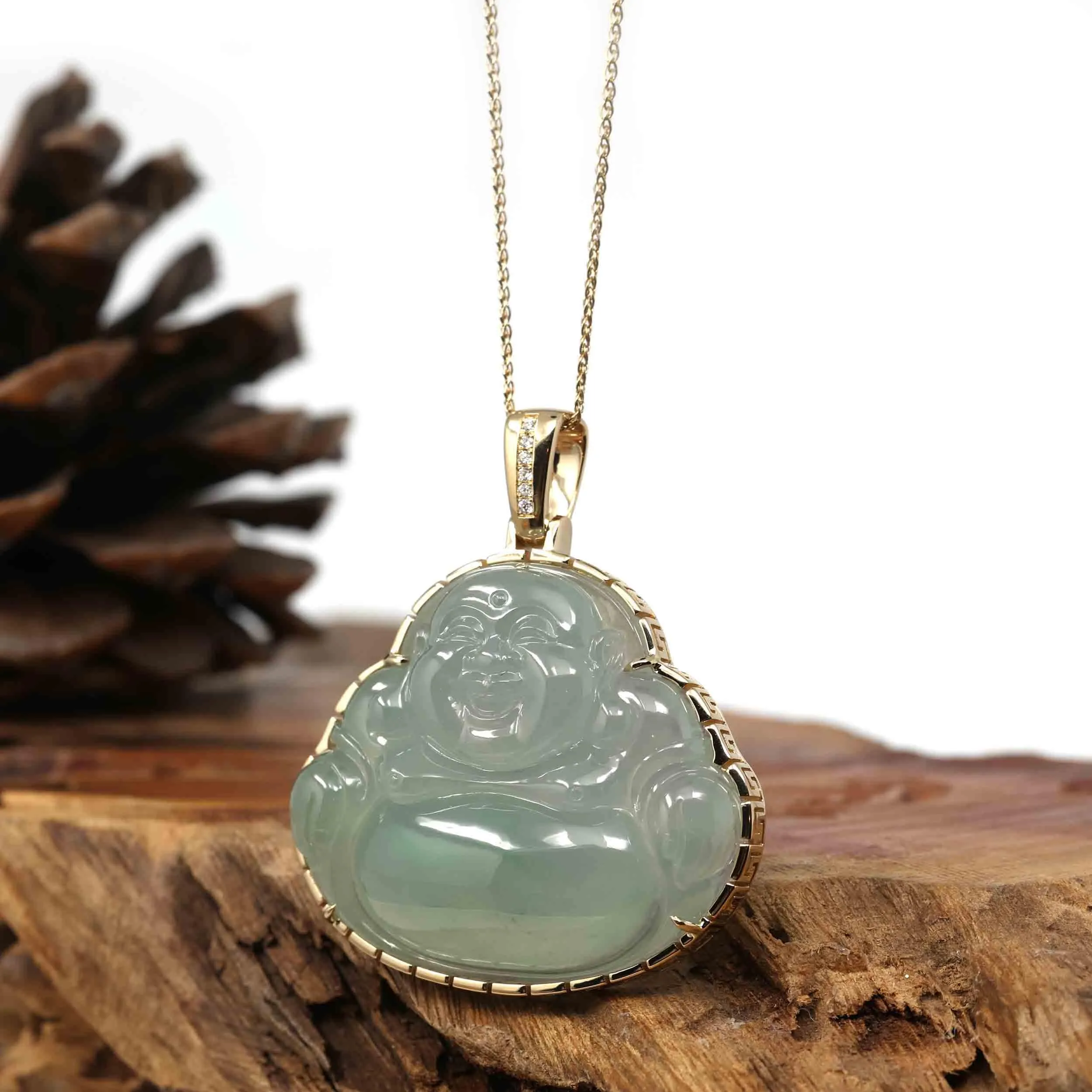 RealJade® Co. 18K Rose Gold Genuine Burmese Ice Jadeite Jade Buddha Pendant with Diamonds