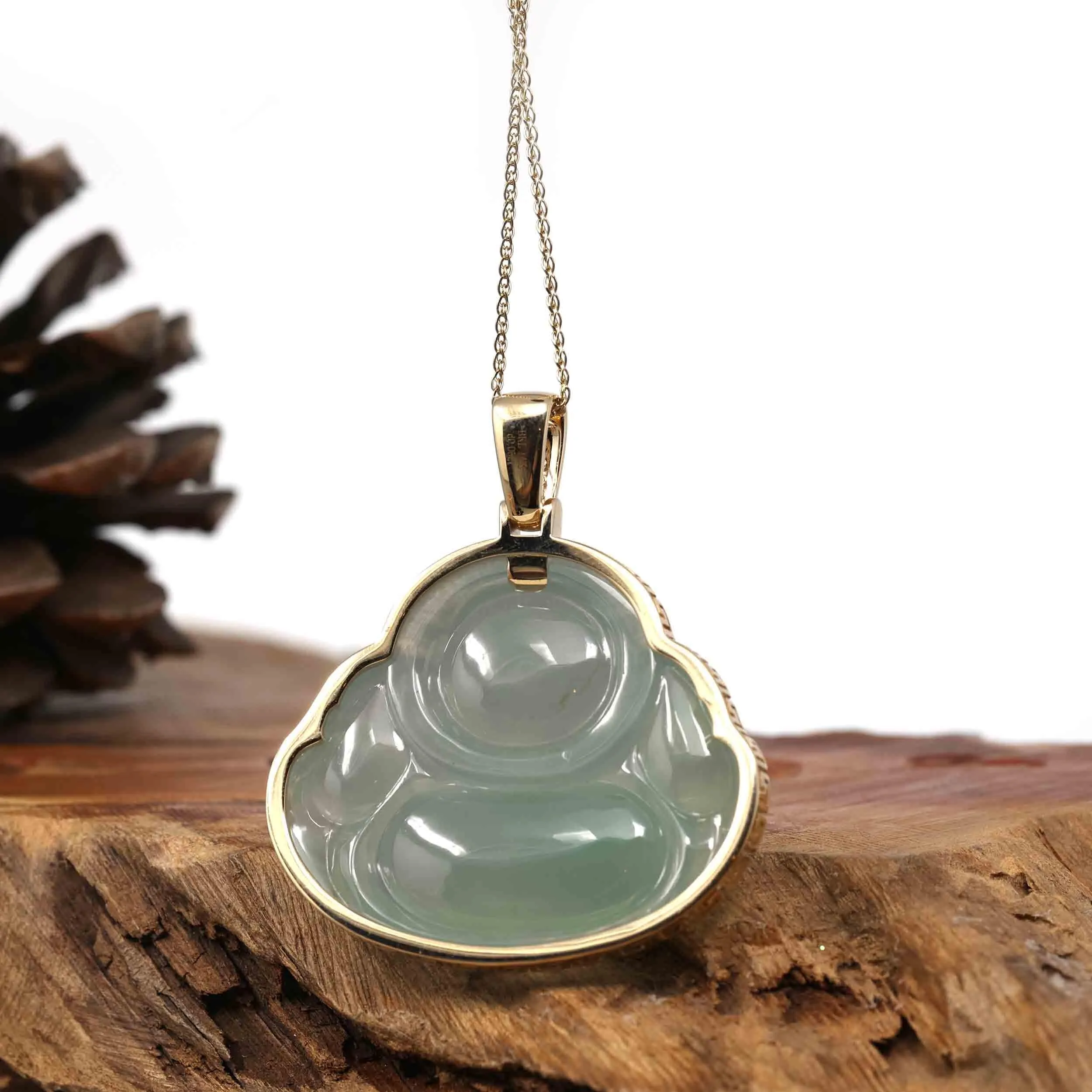 RealJade® Co. 18K Rose Gold Genuine Burmese Ice Jadeite Jade Buddha Pendant with Diamonds