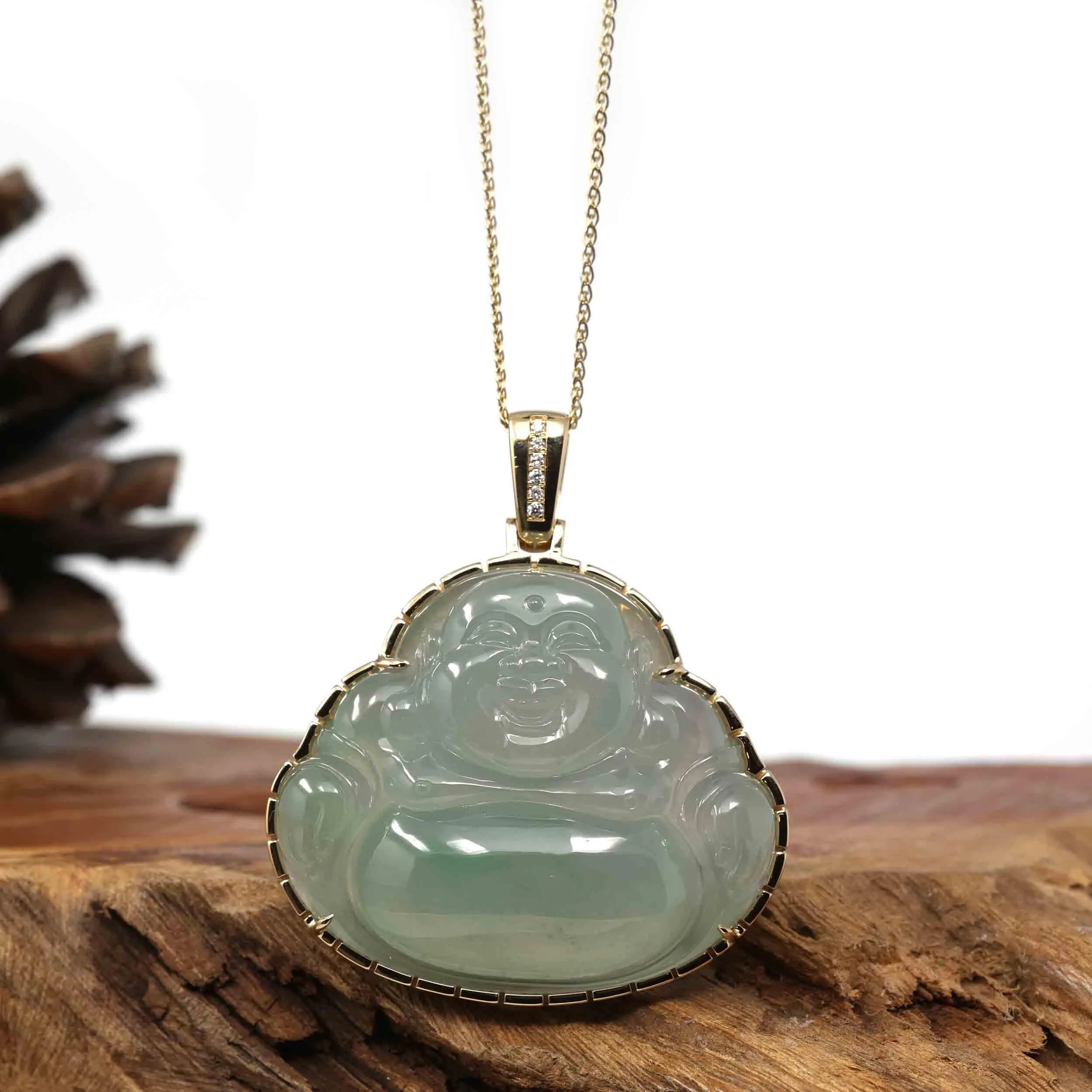 RealJade® Co. 18K Rose Gold Genuine Burmese Ice Jadeite Jade Buddha Pendant with Diamonds