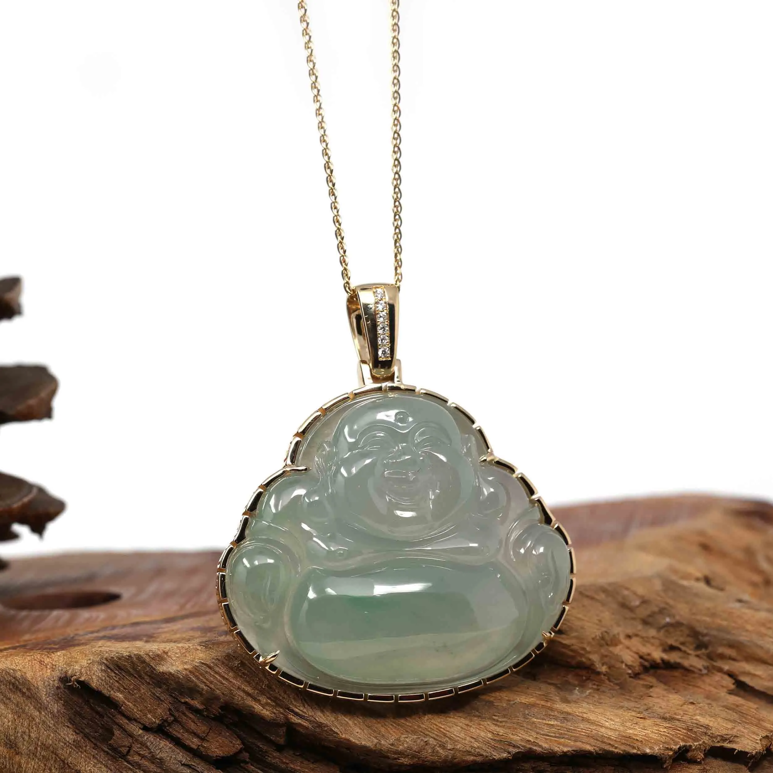 RealJade® Co. 18K Rose Gold Genuine Burmese Ice Jadeite Jade Buddha Pendant with Diamonds