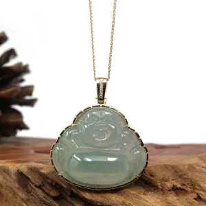 RealJade® Co. 18K Rose Gold Genuine Burmese Ice Jadeite Jade Buddha Pendant with Diamonds
