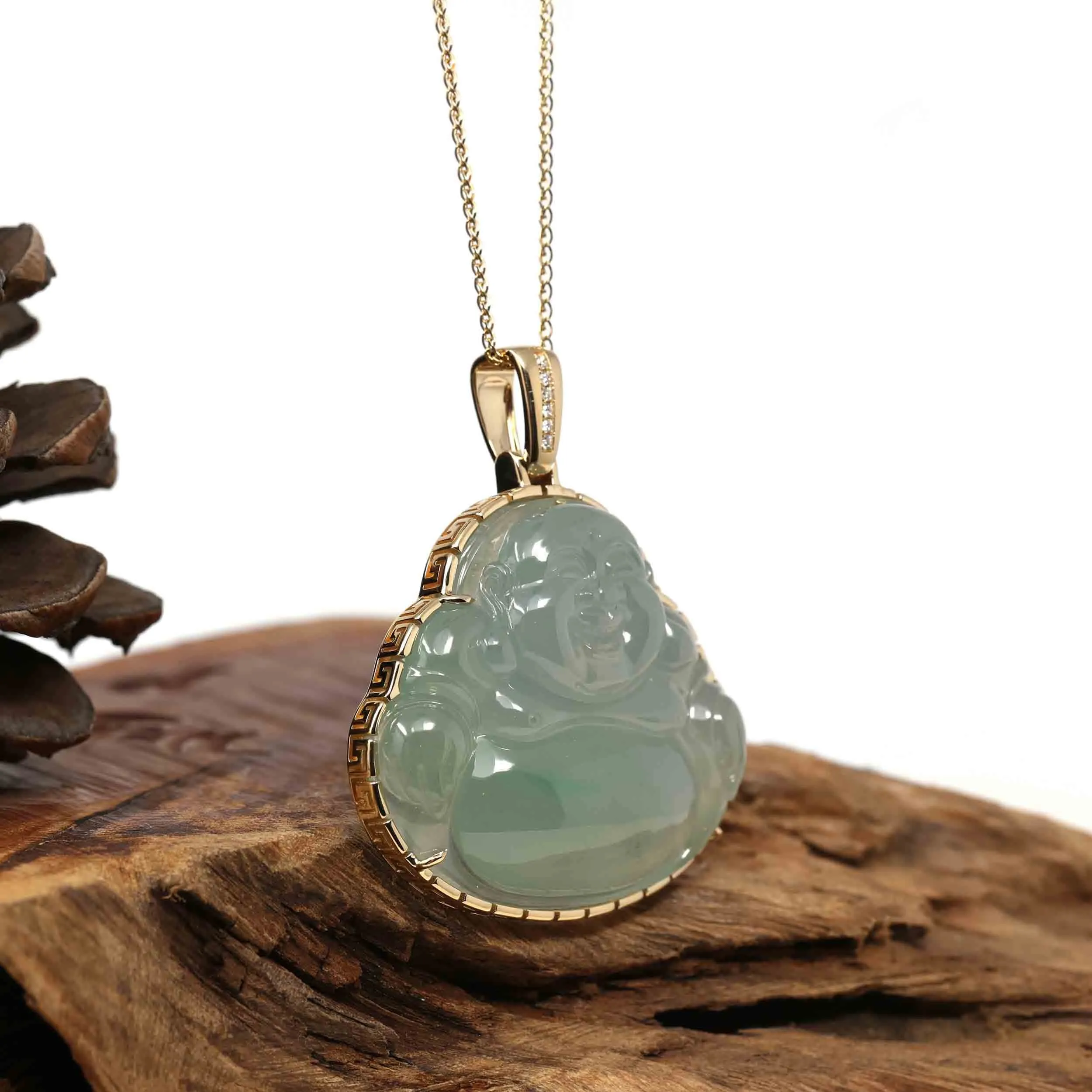 RealJade® Co. 18K Rose Gold Genuine Burmese Ice Jadeite Jade Buddha Pendant with Diamonds