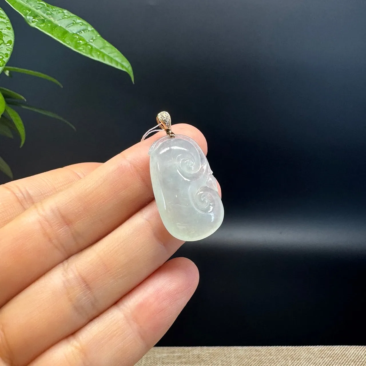RealJade® Co. Genuine Icy green Jadeite Jade Good Luck RuYi Necklace With 18K Rose Gold Bail